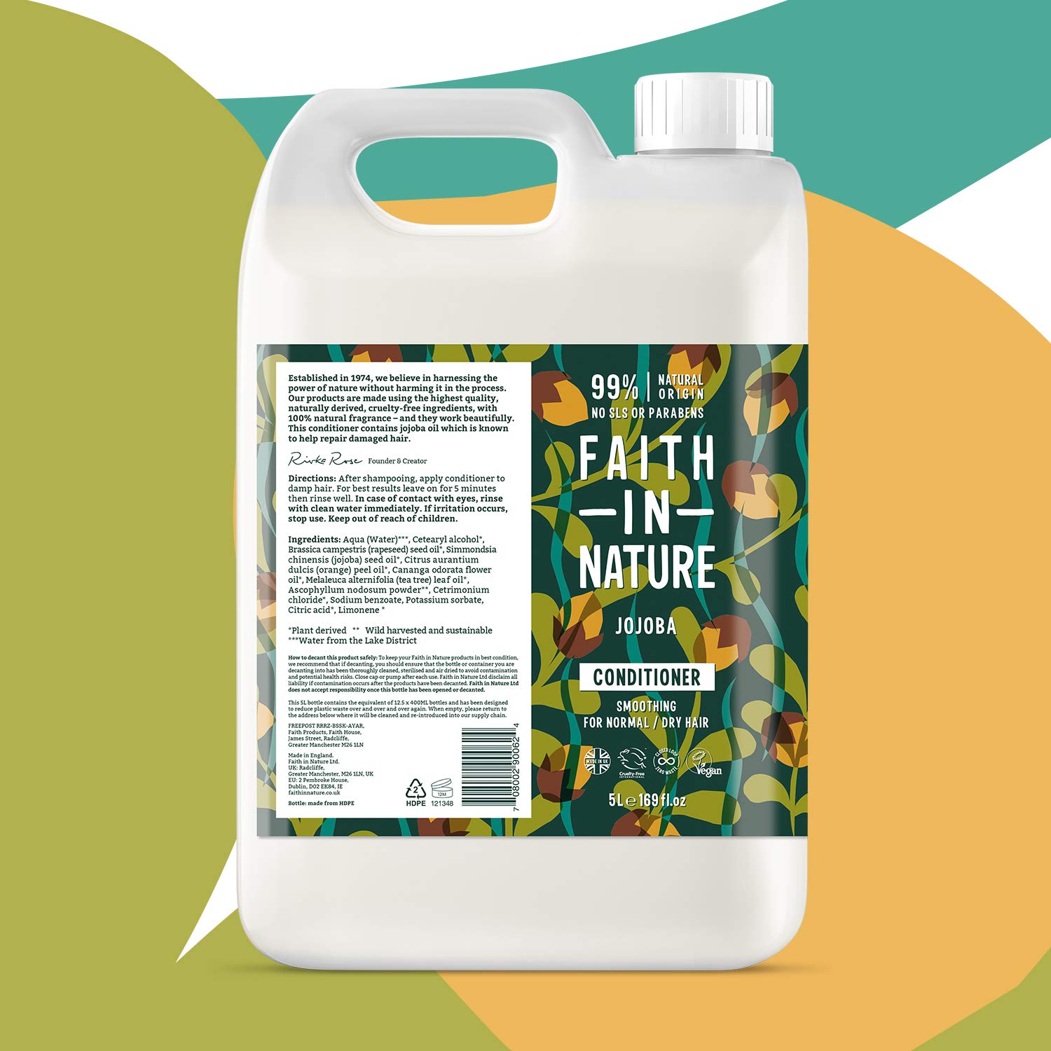 Faith In Nature Jojoba Shampoo & Conditioner Set - 5L Shampoo, 5L Conditioner with 450ml Aluminum Refill Bottle - Natural Hair Care for Dry & Damaged Hair - Salon Quality Vegan Hair Products for Home & Professional Use