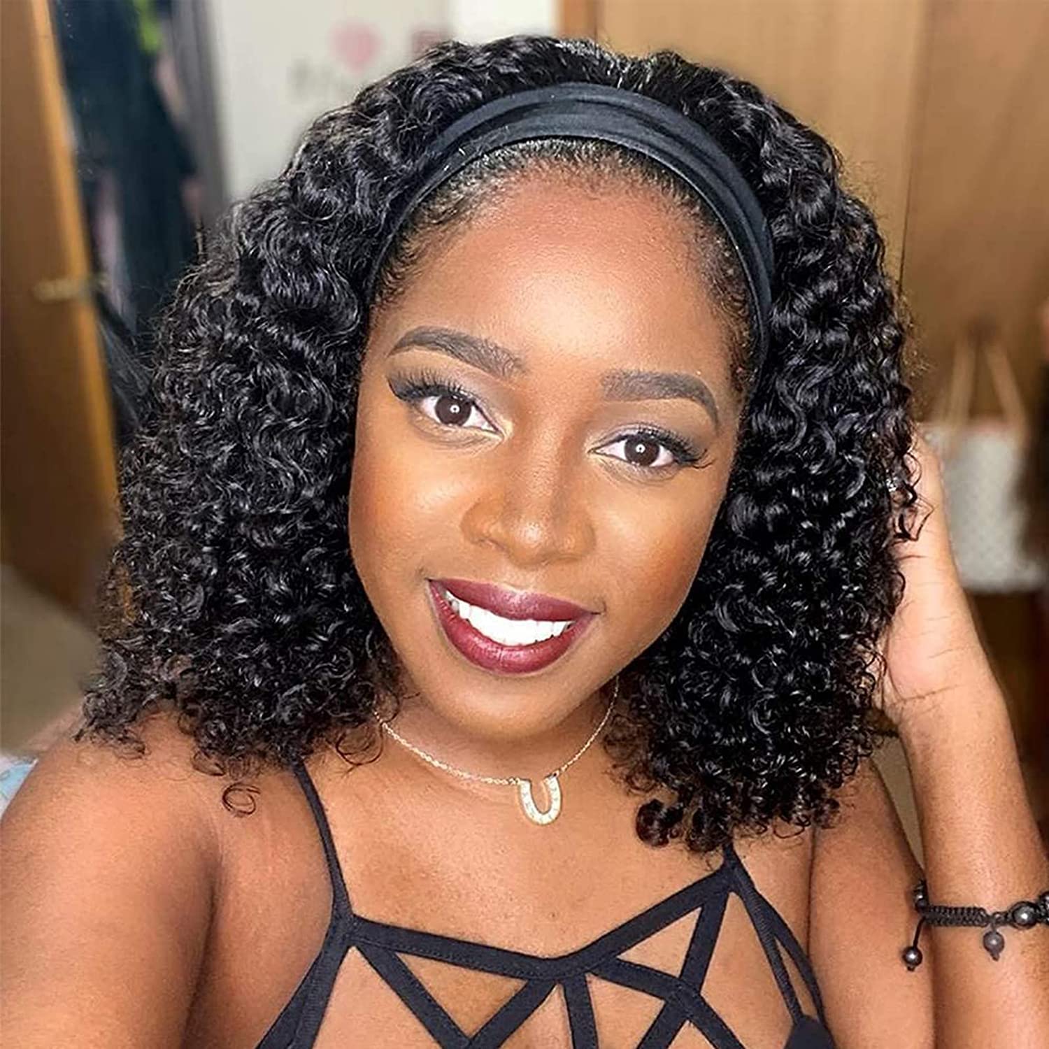 Deep Wave Headband Wig 12 Inch - 100% Human Hair Glueless No Lace Front Wig for Black Women | Brazilian Virgin Hair, 150% Density, Natural Black Color | Perfect for Daily Wear, Parties & Protective Styling