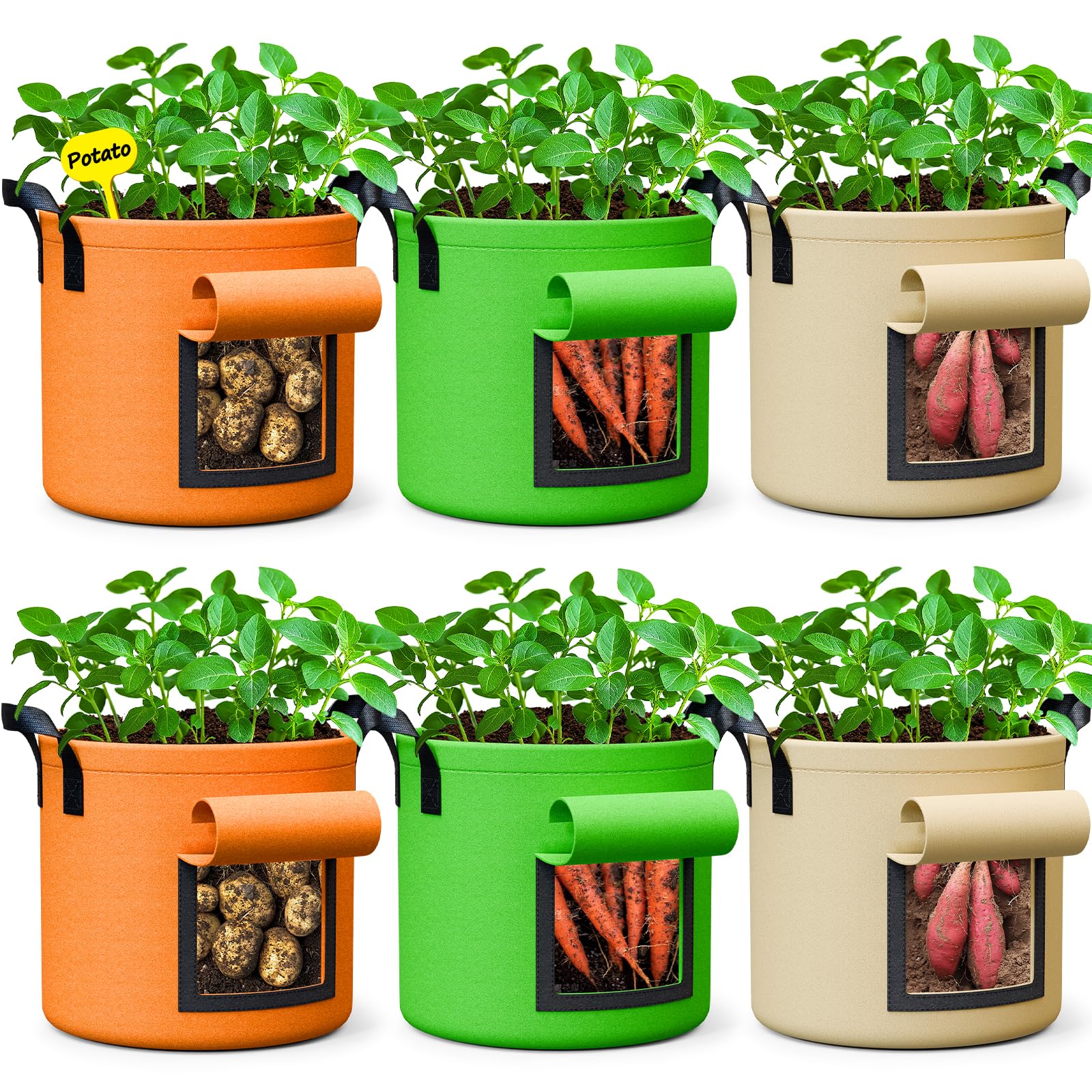 10 Gallon Potato Grow Bags - 6 Pack Heavy Duty 350g Thickened Nonwoven Fabric Plant Pots with Handles & Flap | Aeration Gardening Bags for Growing Potatoes, Vegetables, Flowers | Perfect for Home Garden, Balcony Planting & Indoor Vegetable Cultivation