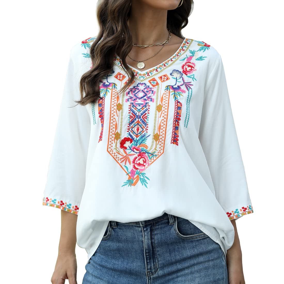 AK Embroidered Peasant Blouse for Women - 3/4 Sleeve Mexican Tunic Top with V-Neck - Traditional Embroidered Casual Shirt for Everyday Wear & Boho Style Outfits