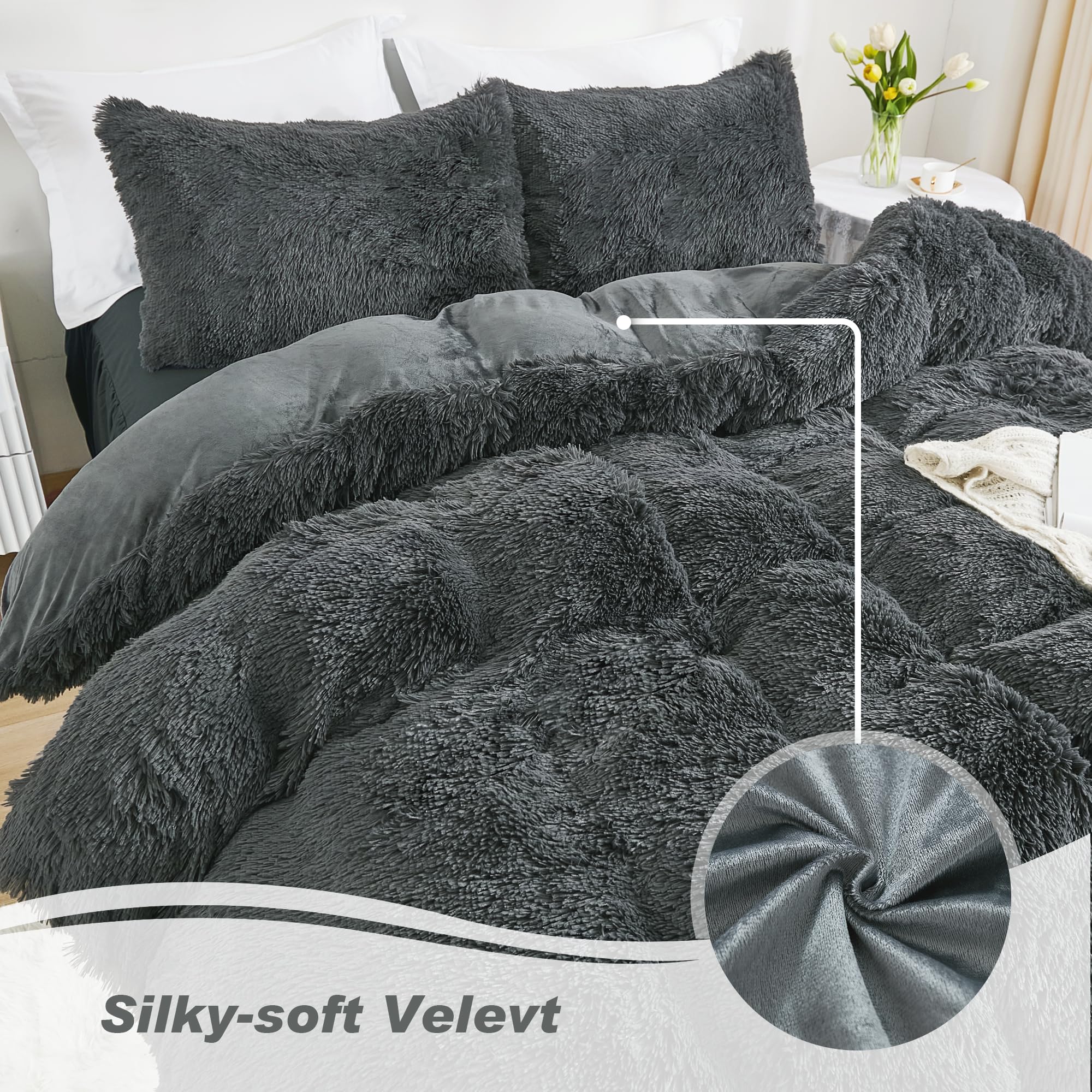 Luxury Dark Gray Plush Shaggy Duvet Cover Set King Size - Ultra Soft Fuzzy Faux Fur Bedding with Zipper Closure (3pc: 1 Duvet Cover + 2 Pillowcases) - Cozy Winter Bedroom Upgrade for Master Suite, Guest Room & Dorm Decor