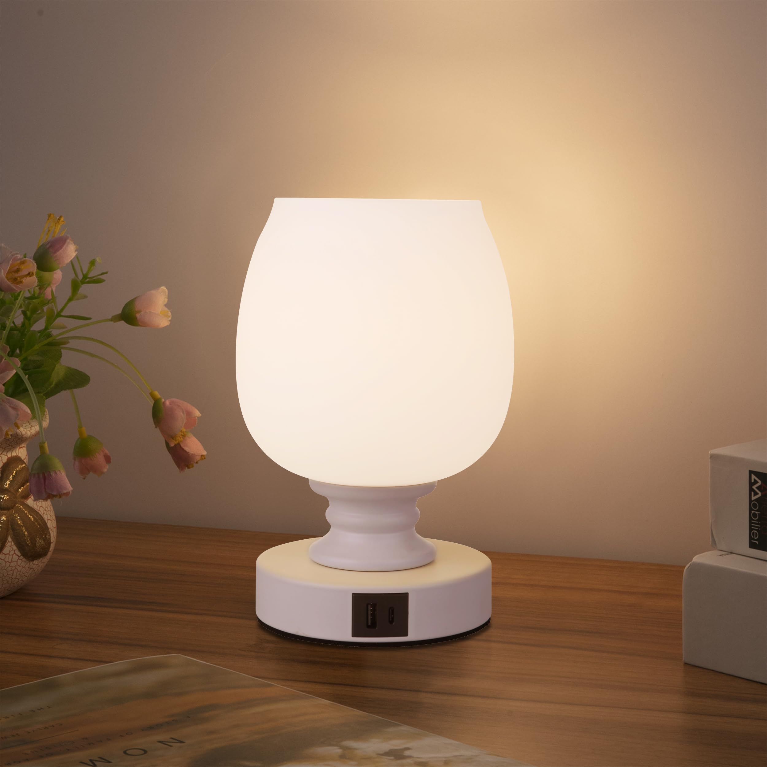 Modern Touch Control Bedside Lamp with 2 USB Ports & 3-Way Dimmable Light - Flower Glass Shade Nightstand Lamp for Bedroom, Living Room, Office, Nursery - Perfect for Reading, Working & Relaxing