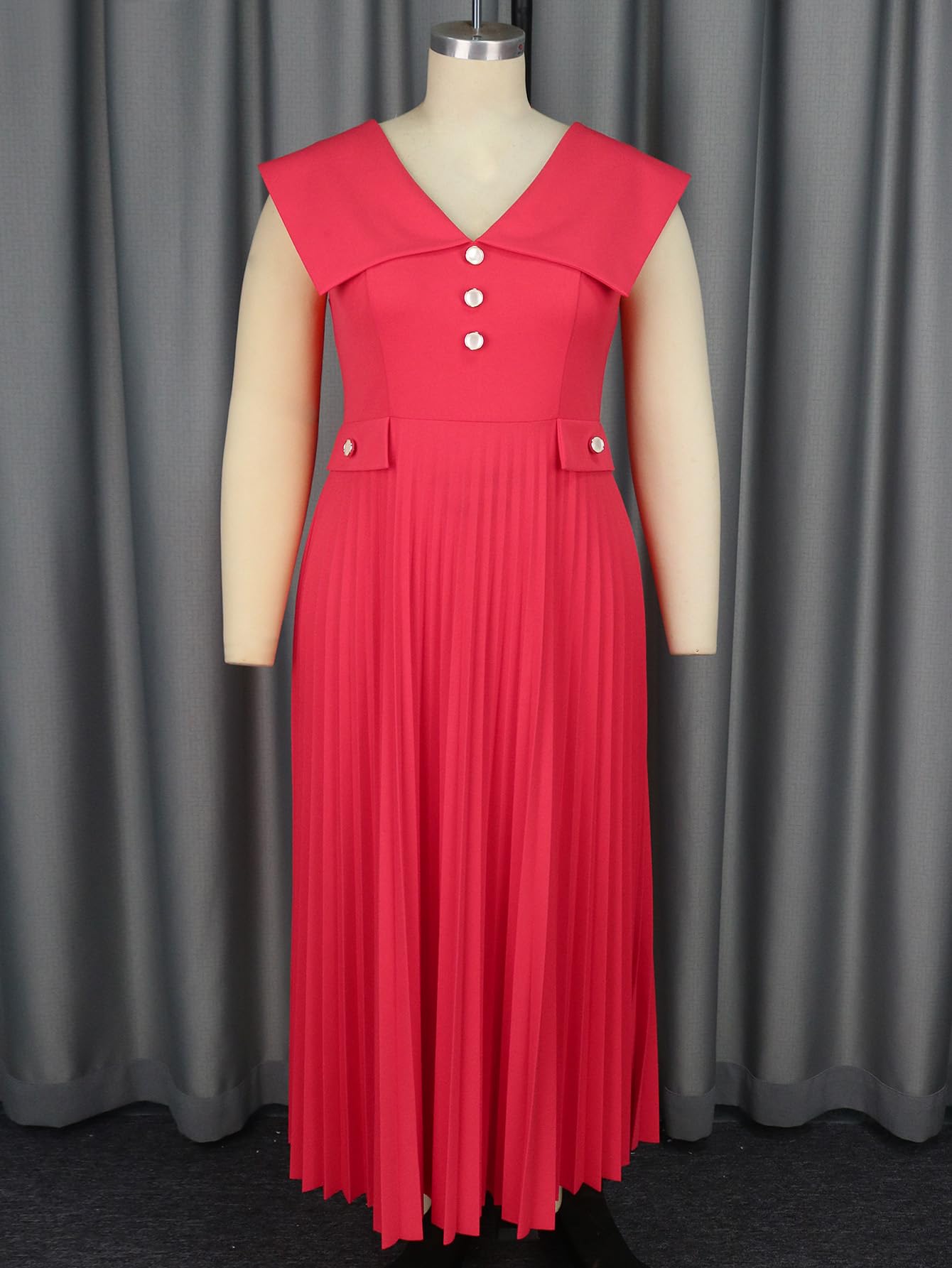 Elegant Pleated Maxi Dress for Women - Summer Sleeveless Peter Pan Collar Button Down Office Dress Plus Size Work Attire | Perfect for Business Casual, Office Wear & Special Occasions