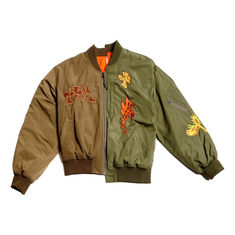 PERKS & MINI Space Blossoms Split Bomber Jacket - Olive Green Women's Lightweight Outerwear for Casual Wear & Street Fashion
