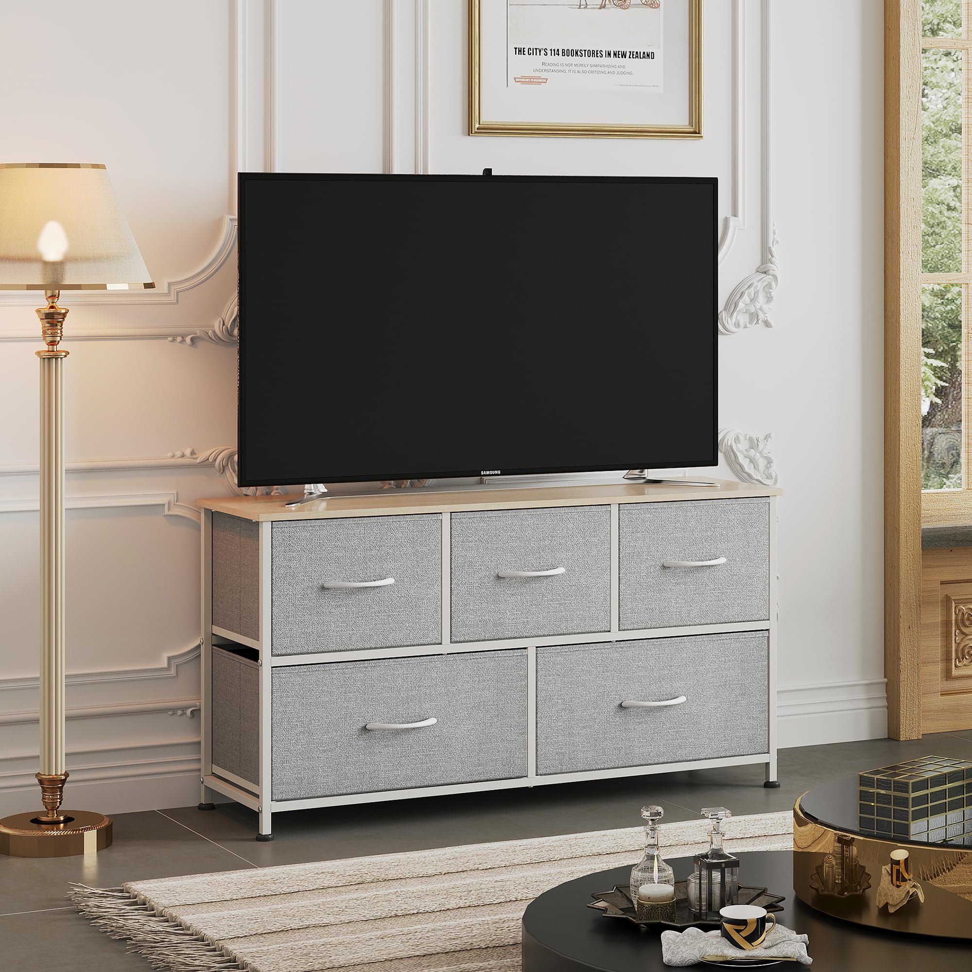 5-Drawer Fabric Dresser for Bedroom - Light Grey Storage Organizer with Fabric Bins, Wide Chest of Drawers for Closet, Living Room & Hallway | Perfect for Small Space Organization & Home Decor