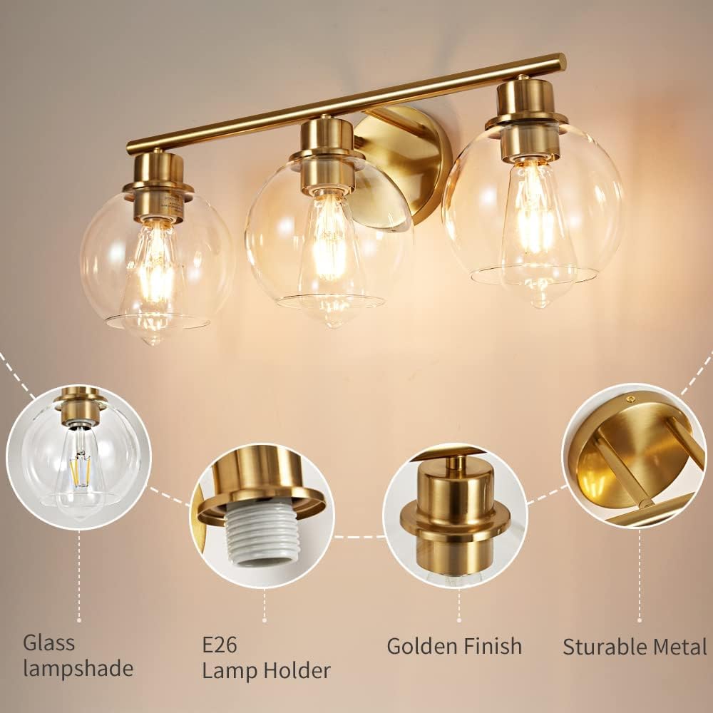 3-Light Modern Gold Bathroom Vanity Light with Clear Glass Shade - 22 Inch Wall Sconce for Mirror Lighting | Perfect for Bathroom, Powder Room and Dressing Area Illumination