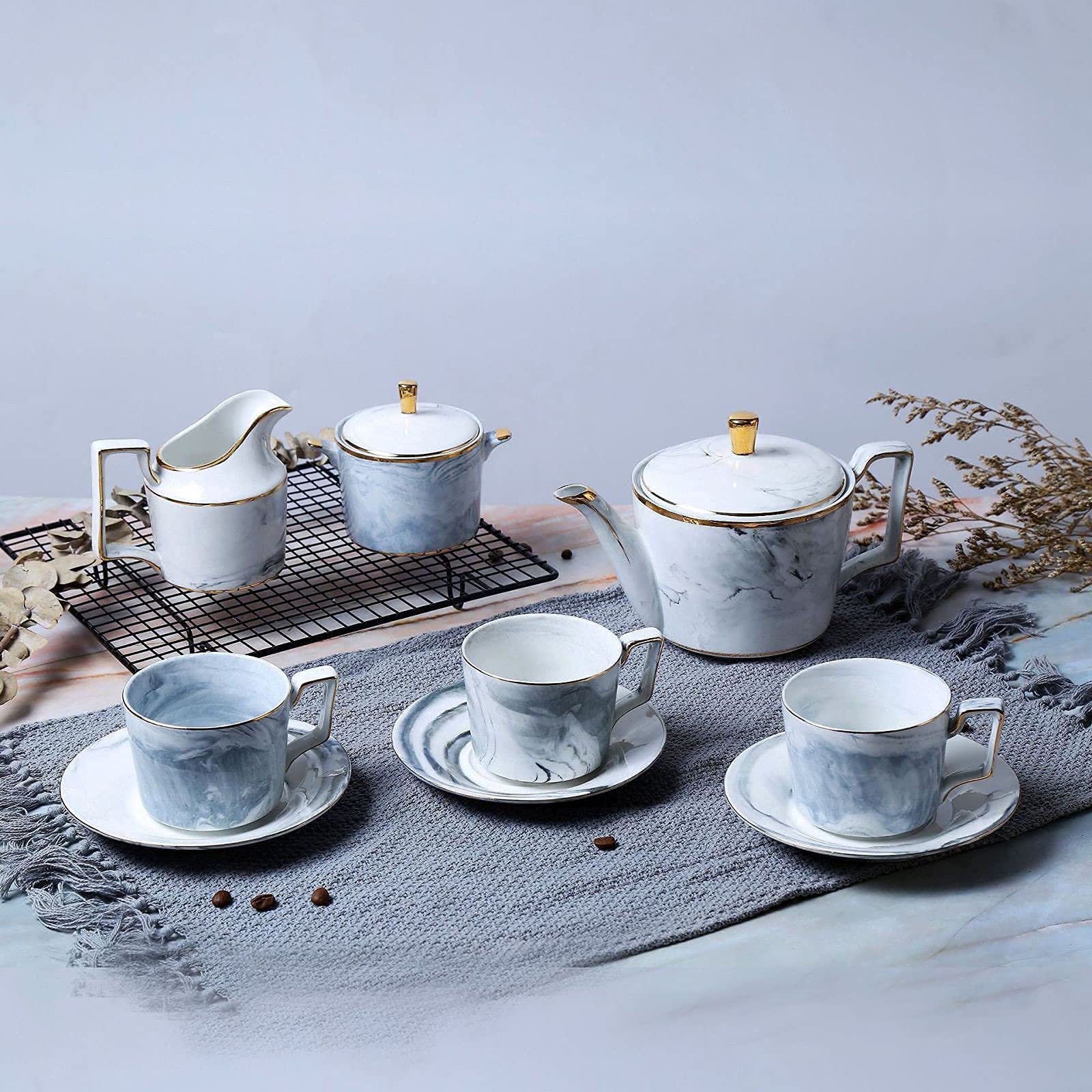 11-Piece Porcelain Tea Set for Adults - Elegant Gray Coffee Cup & Saucer Set with Teapot, Sugar Bowl & Cream Pitcher - Perfect for Afternoon Tea, Bridal Shower Gifts & Home Decor