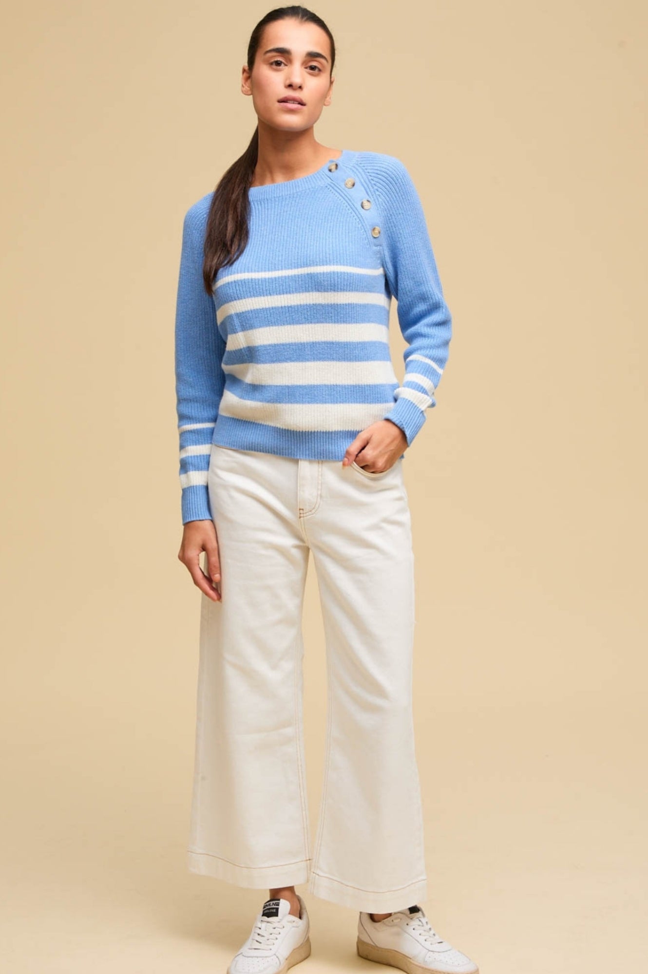 Rhia Jumper - Women's Striped Knit Sweater in Cornflower Blue & Ivory | Cozy Fall & Winter Fashion for Casual Outings & Office Wear