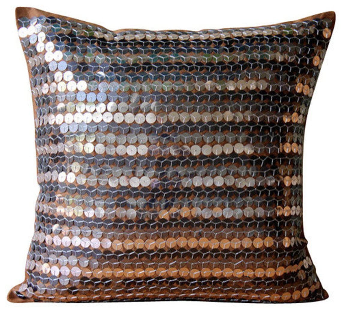 Decorative Brown Zippered Pillow Covers 16x16 inch (40x40 cm) - Silk Accent Throw Pillow Covers with Circles & Dots Design, Sequins Embellished for Modern Sofa, Couch, Bedroom Decor - HomeCentric Metal Maze Collection