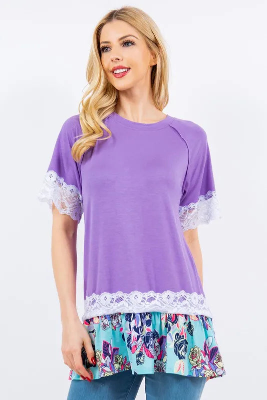 Celeste Plus Size Lace Trim Short Sleeve Blouse - Women's Floral Embroidered Casual Tops for Summer, Date Night & Office Wear
