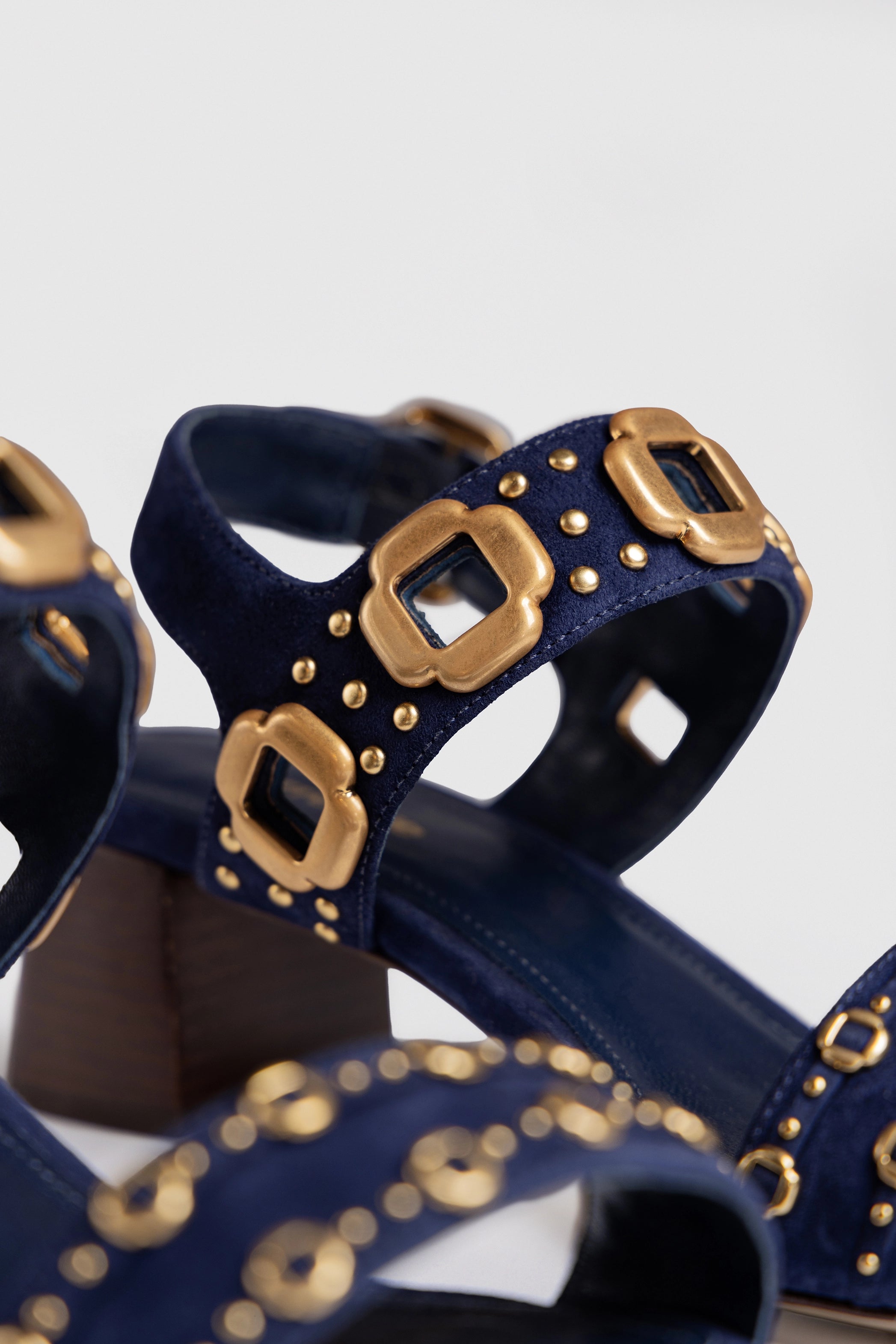 Milan Studs Block Heel Sandals for Women - Navy Blue Suede Shoes | Comfortable & Stylish for Casual Outings, Parties & Office Wear