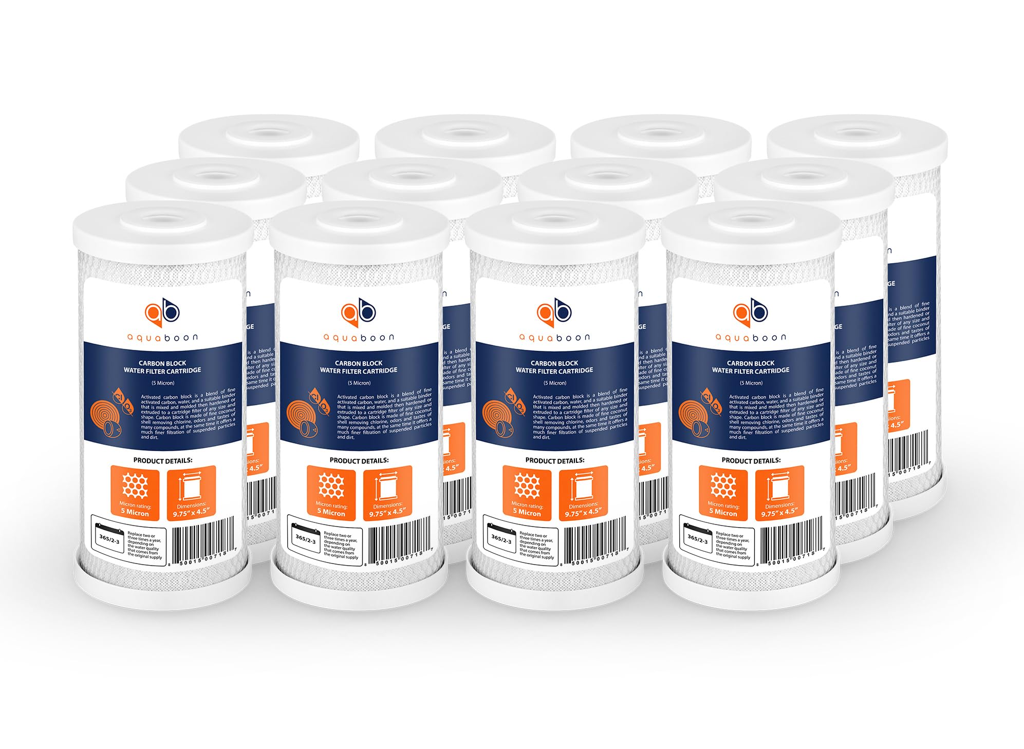 Aquaboon 5 Micron 10x4.5 Inch Carbon Block Whole House Water Filter Replacement Cartridge (12-Pack) - Compatible with FXHTC, CB-BB-10, EP-BB - Perfect for Clean Drinking Water, Refrigerator & Under Sink Filtration Systems