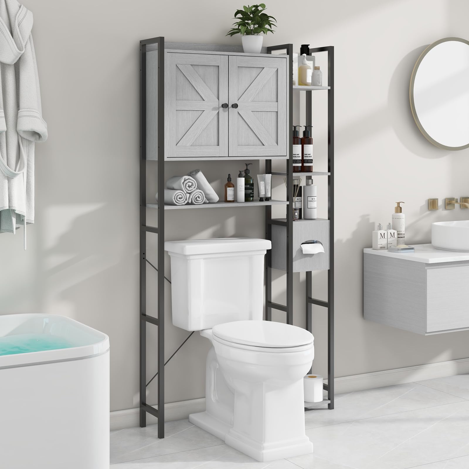 Grey Over The Toilet Storage Cabinet with 2 Doors & Multi-Layer Shelves - Space Saving Bathroom Organizer for Small Spaces, Laundry Room & Closet Storage - Perfect for Towels, Toiletries & Cleaning Supplies