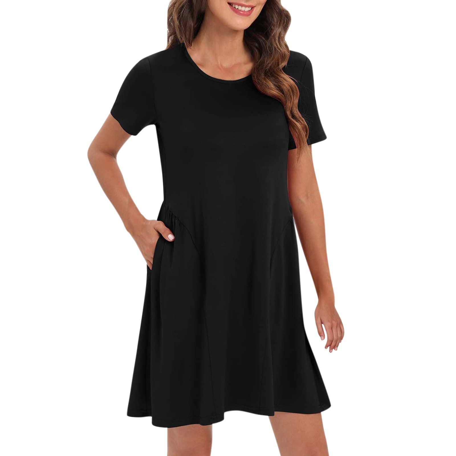 Women's Summer Casual Short Sleeve T-Shirt Midi Dress 2022 - Crewneck A-Line Shift Dress with Pockets & Side Splits | Perfect for Beach Outings, Date Nights & Office Wear