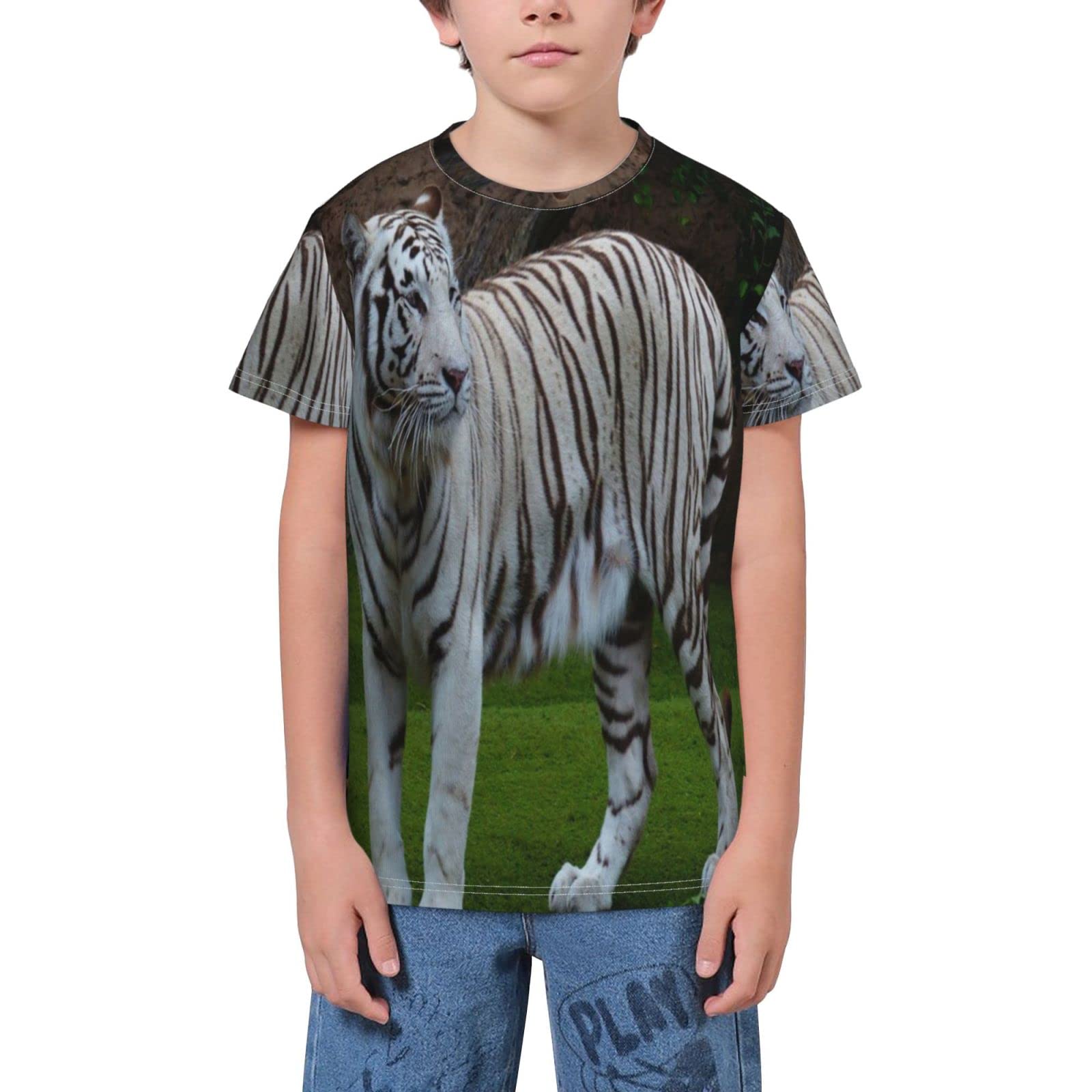 Majestic White Bengal Tiger Print Youth T-Shirt - 3D Graphic Short Sleeve Tee for Boys & Girls | Kids Animal Print Casual Wear for School, Playdates & Outdoor Activities