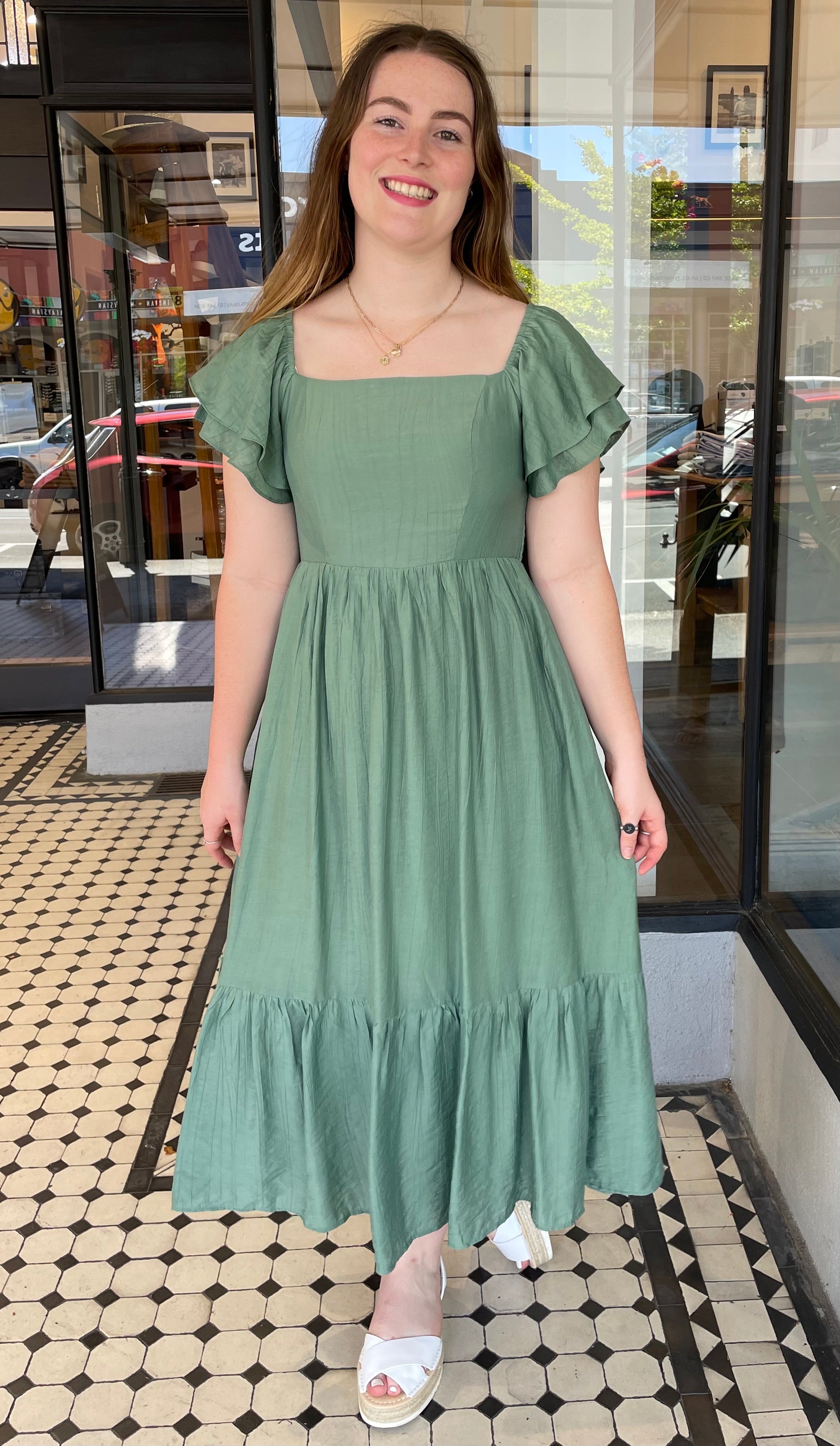 Gabriela Square Neck Ruffle Sleeve Dress for Women - Moss Green Flowy Summer Dress for Beach, Wedding & Party Occasions