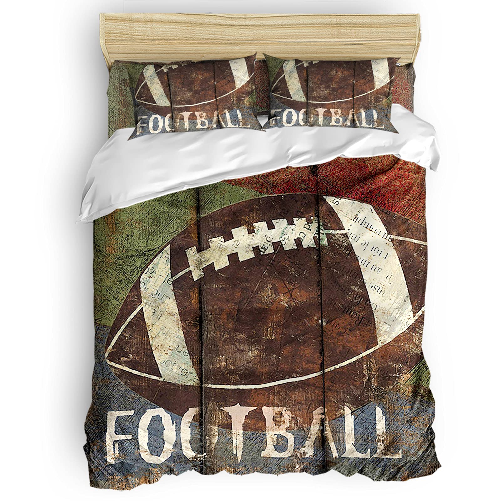 **PartyShow 4-Piece Twin Bed Set – Retro Football Comforter, Bed Sheet & 2 Pillowcases for Boys, Girls & Kids – American Football Theme on Wooden Board – Perfect for Kids' Bedroom, Dorm Room & Themed Decor**