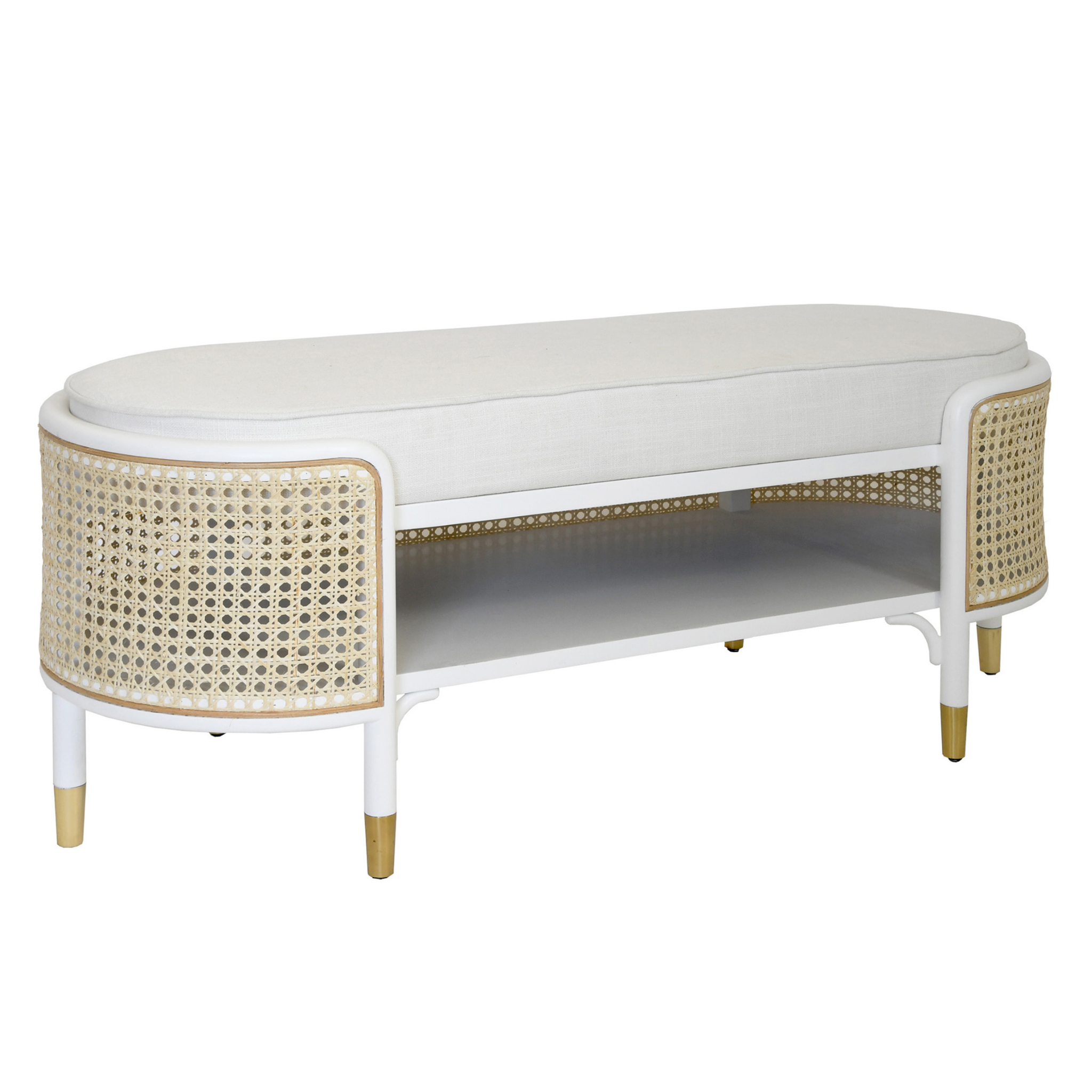 Beale Colonial Style White Bench With Cane Accents - Elegant Home Decor for Living Room, Bedroom, or Entryway