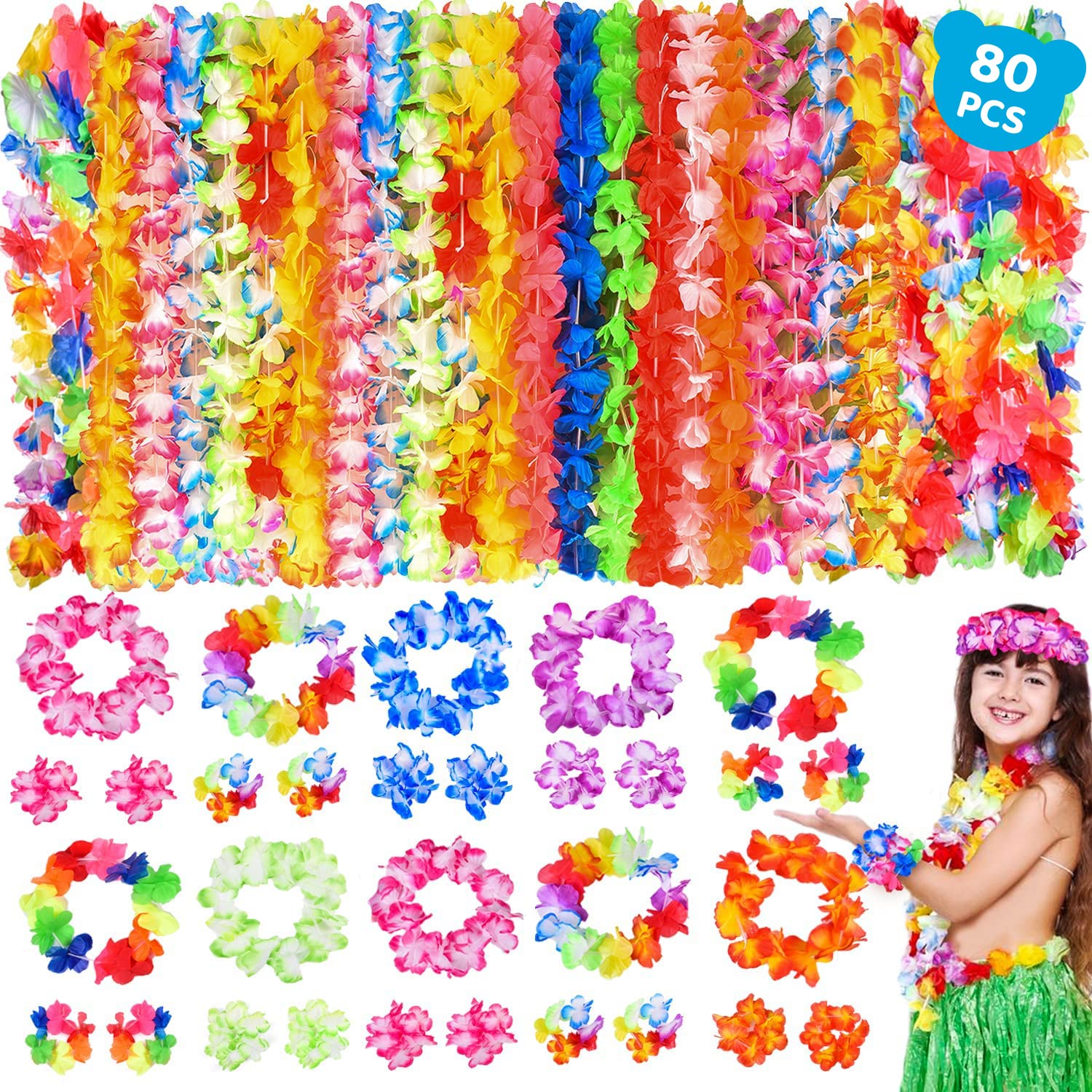 80PCS Hawaiian Leis Bulk - Tropical Flower Necklace, Headbands & Wristbands for Luau Party Decorations | Tiki Party Supplies, Summer Beach Pool Favors for Adults & Kids | Perfect for Hawaiian Themed Parties, Beach Weddings & Tropical Vacations