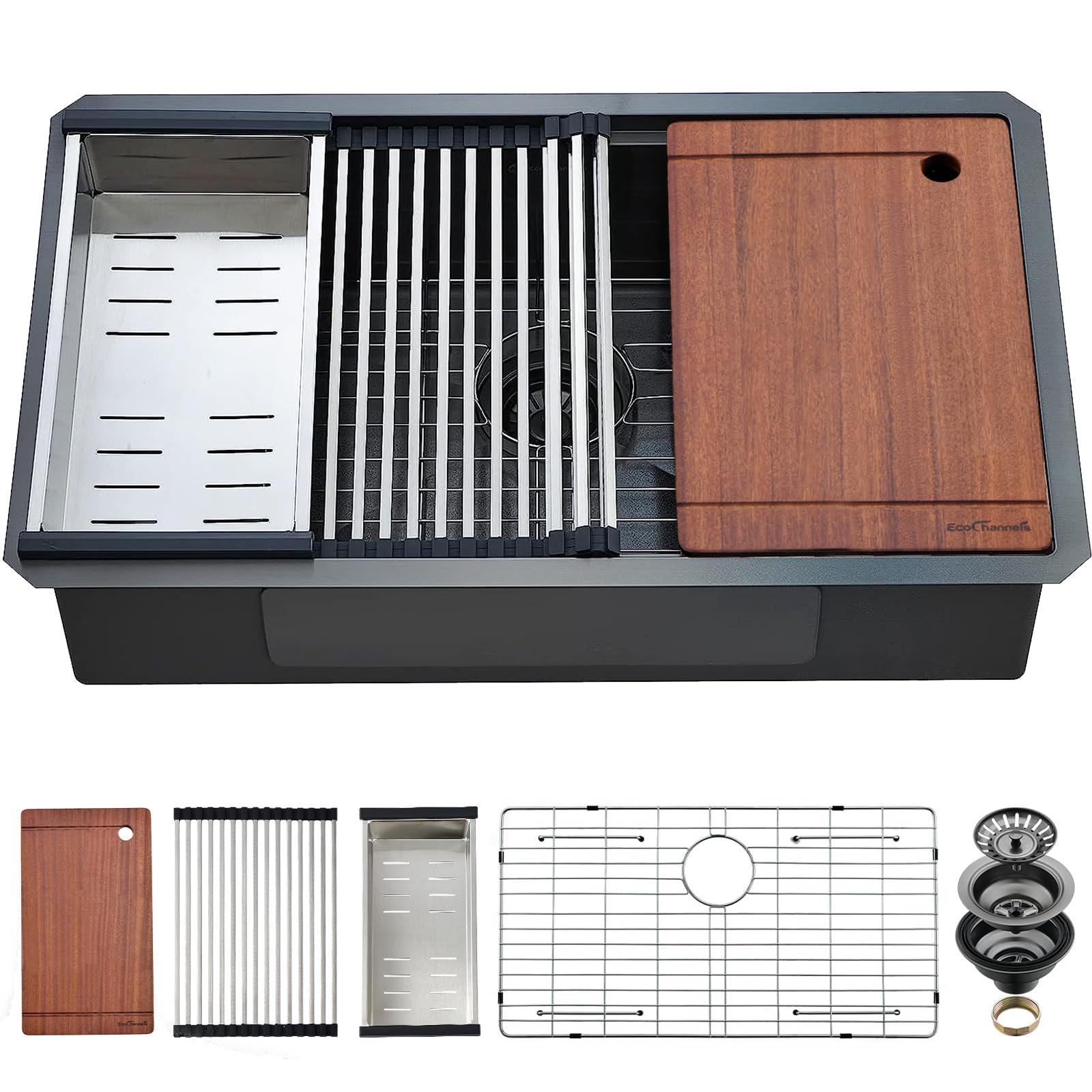 33 x 19 x 10 Inch Undermount Kitchen Sink - 16 Gauge Stainless Steel Single Bowl Workstation Sink with Cutting Board in Gunmetal Black | Perfect for Modern Kitchens, Food Prep & Dishwashing