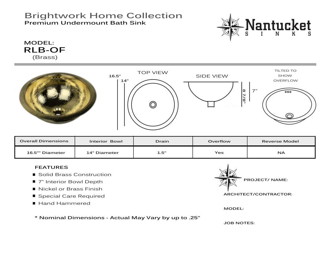 Handcrafted 15-Inch Hammered Round Vanity Sink - Solid Brass Nantucket Sinks RLB-OF for Bathroom Remodel | Farmhouse & Coastal Style Decor