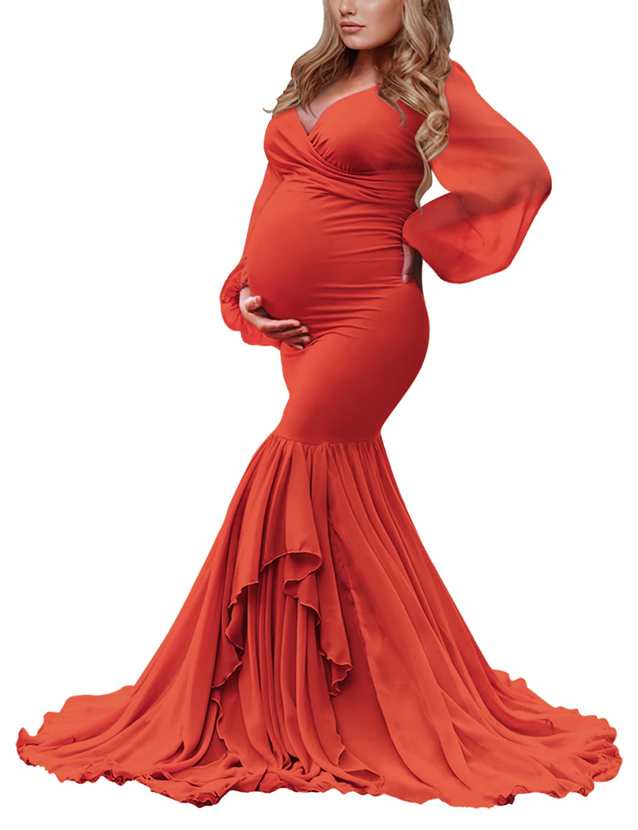 Saslax Elegant Long Chiffon Sleeve Mermaid Maternity Dress for Photoshoot, Baby Shower, Pregnancy Photos, and Special Occasions - Comfortable & Stylish Pregnancy Gown for Moms-to-Be