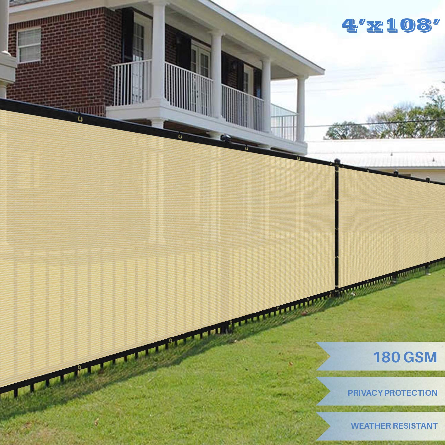 E&K Sunrise 4' x 108' Beige Privacy Fence Screen with Grommets - UV Blocking Outdoor Windscreen for Backyard, Garden & Patio Cover - Durable Weatherproof Shade Solution for Poolside, Deck & Fence Enclosures