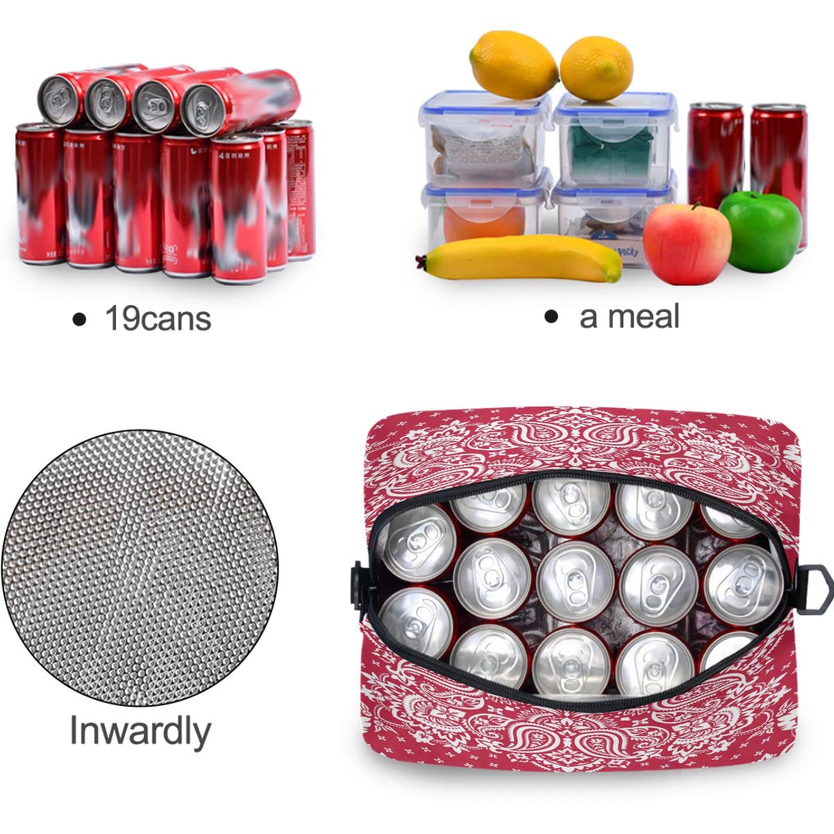 MNSRUU Insulated Lunch Bag - Leakproof Reusable Cooler Tote for Women & Men, Paisley Red Mandala Flower Design, Perfect for Work, School, Picnics & Outdoor Activities