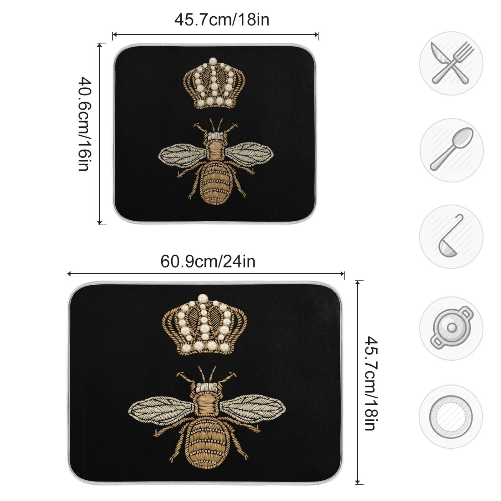 Susiyo Gold Bee and Crown Microfiber Dish Drying Mat - Super Absorbent, Machine Washable, Fast Drying, Heat-Resistant Kitchen Counter Dish Drainer (16x18 Inch) - Perfect for Drying Dishes, Protecting Countertops & Organizing Kitchen