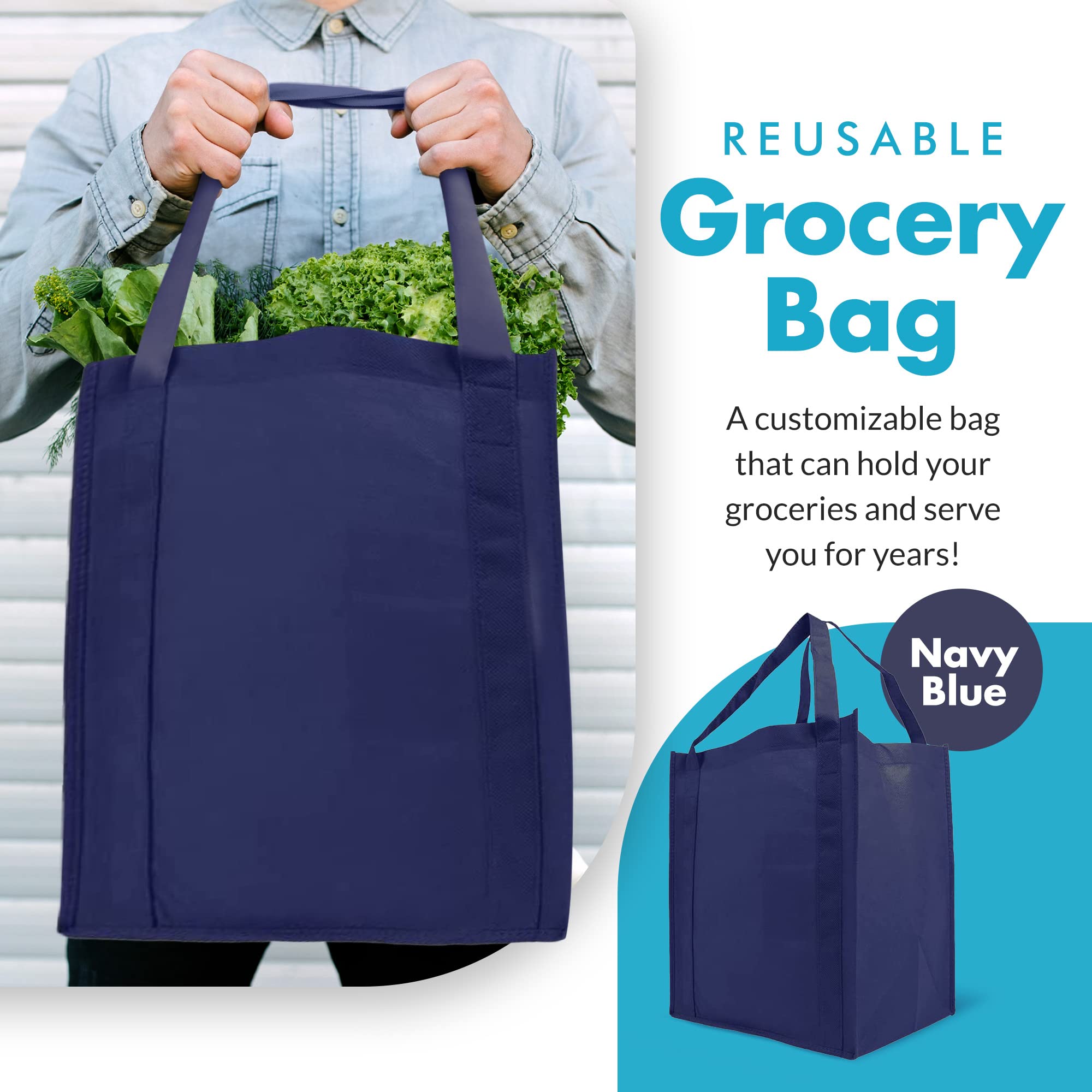 Simply Green Solutions - 10 Pack Reusable Grocery Bags with Reinforced Handles, 13x15x10 Inch Durable Shopping Totes for Groceries, Beach, Gym & Travel - Navy Blue Eco-Friendly Gift Bags