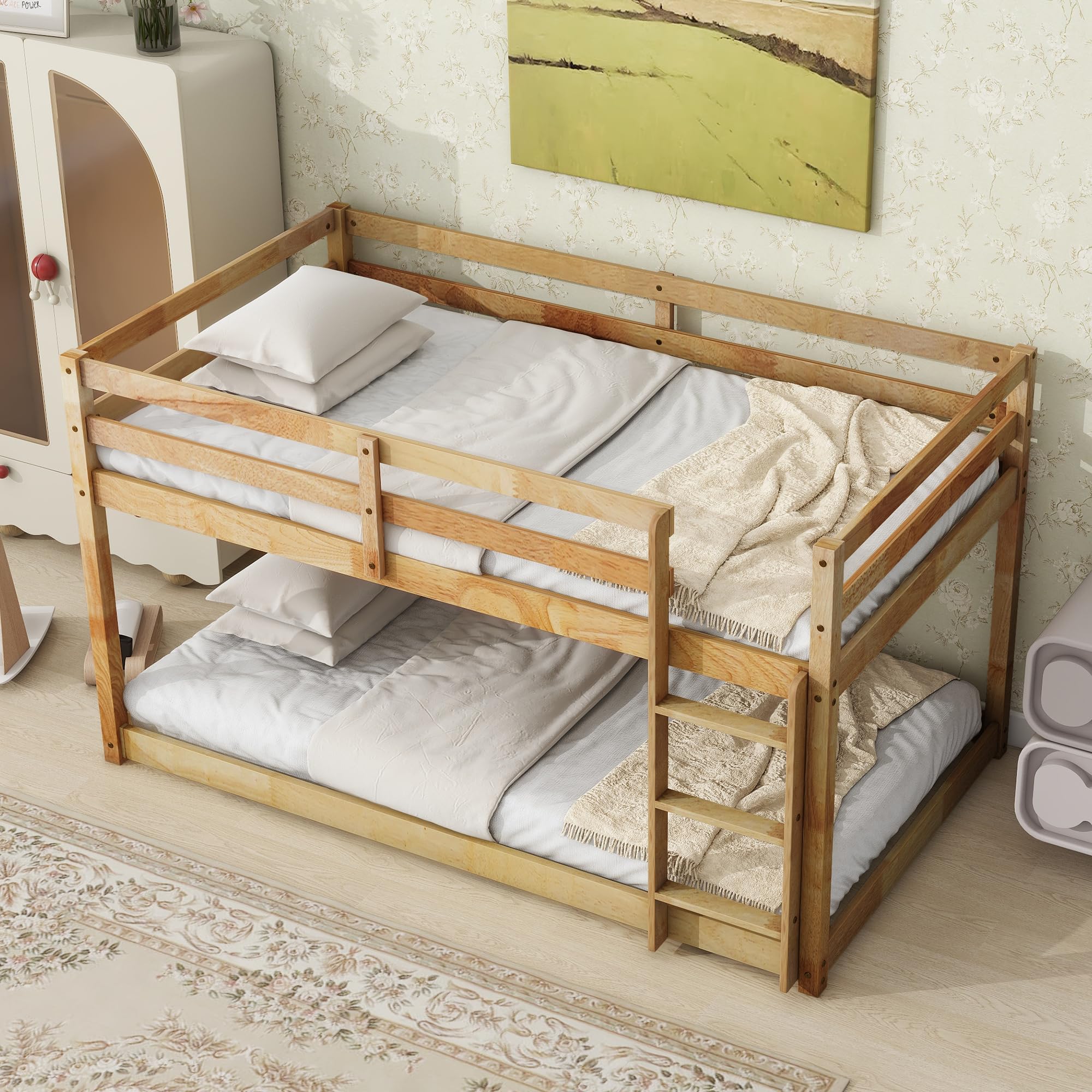 HomSof Twin Over Twin Floor Bunk Bed - Natural Wood Finish, Sturdy & Space-Saving Kids Bunk Bed for Small Rooms, Sleepovers & Shared Bedrooms