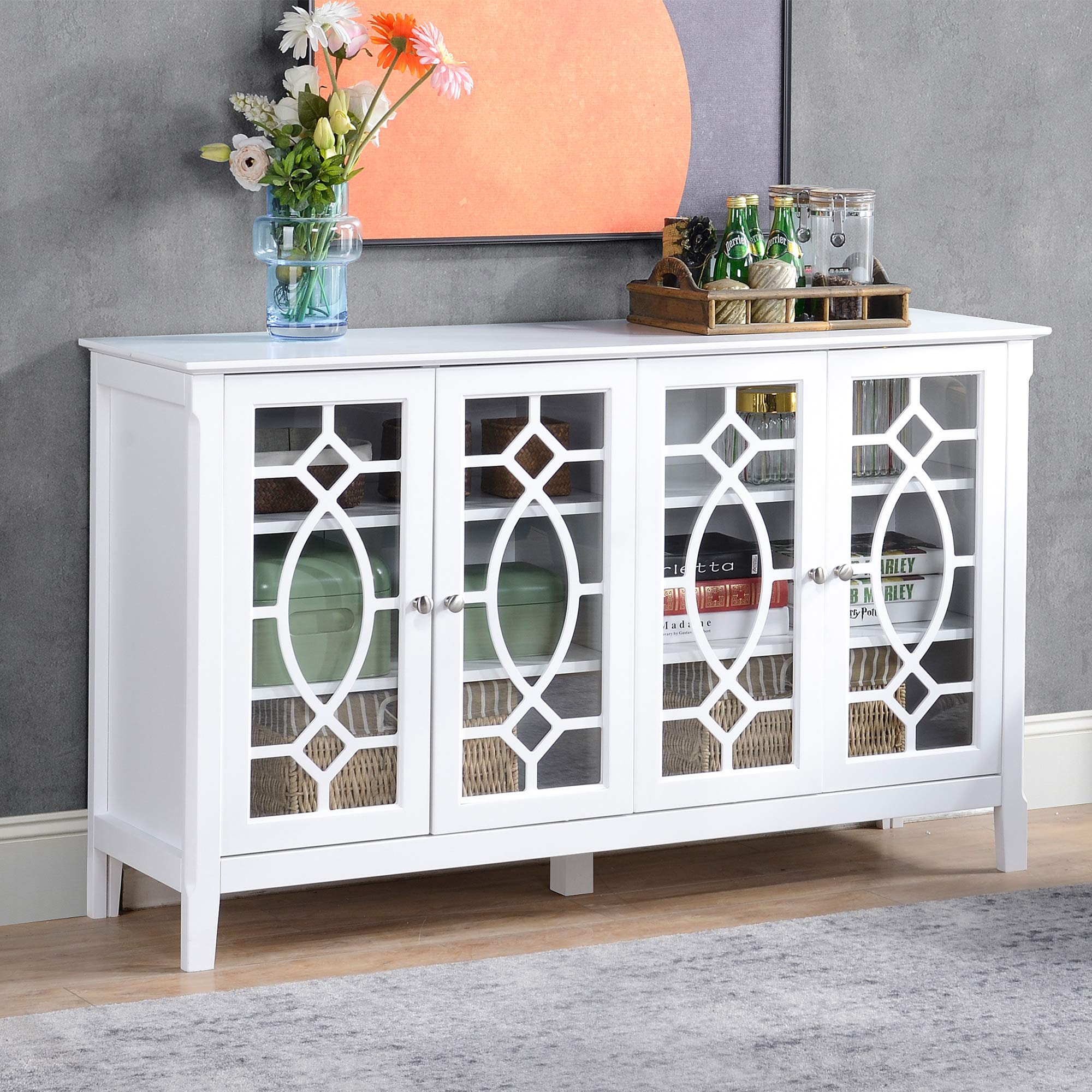 HOMCOM White Sideboard Buffet Cabinet with Glass Doors & Adjustable Shelves - Kitchen Storage Cabinet for Dining Room, Living Room & Home Decor | Perfect for Displaying China, Glassware & Home Essentials