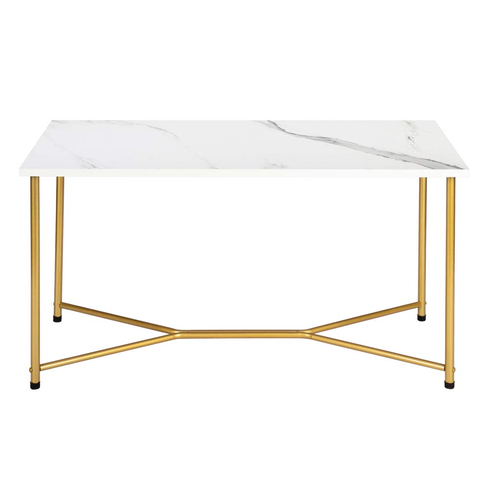 HODELY 1.5cm Thick Single Layer Density Board Coffee Table - Imitation Marble Square Table Top with Gold Metal Legs, White - Perfect for Living Room, Office, or Lounge Decor