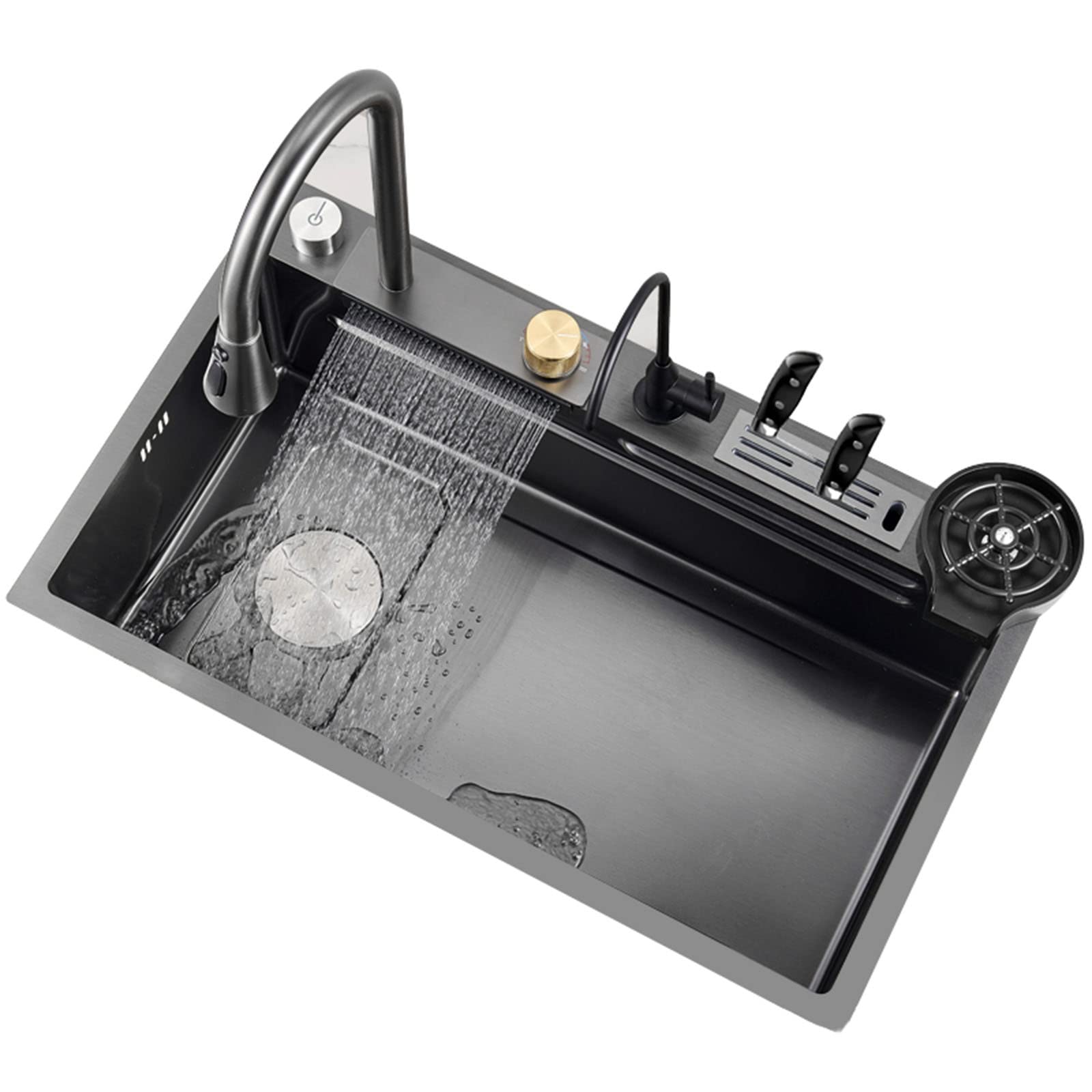 18-Gauge Stainless Steel Undermount Kitchen Sink with Built-in Knife Holder - Workstation & Bar Sink with Raindance Waterfall Faucet - Perfect for Modern Kitchens, Restaurants & Food Prep Areas