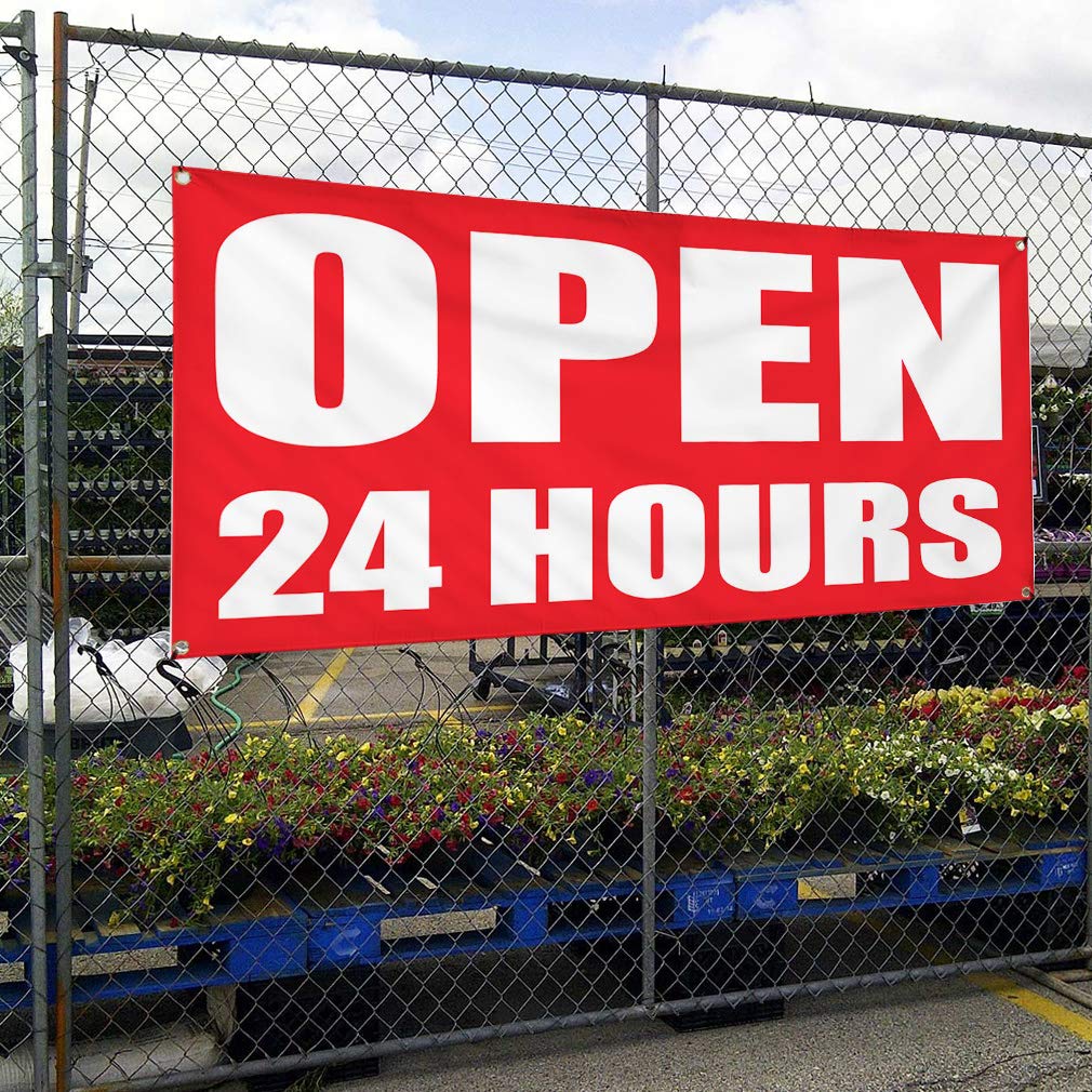 24/7 Open Business Vinyl Banner - Weatherproof Outdoor Yard Sign with 10 Grommets (60x144 Inches) - Ideal for Storefronts, Construction Sites & Event Advertising