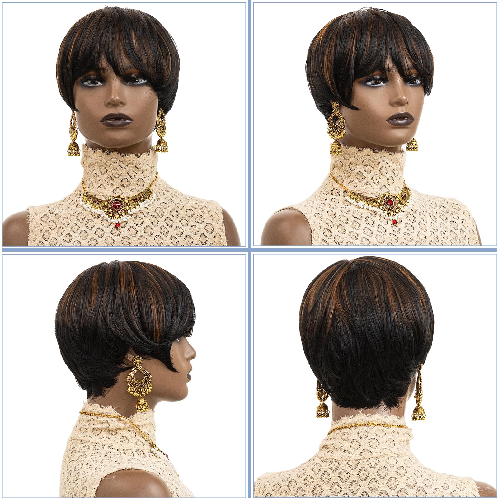 Stylish Synthetic Pixie Cut Wigs for Black Women - Short Ombre Auburn Bowl Cut Wig with Bangs (Brown Black) | Perfect for Daily Wear, Cosplay & Special Occasions