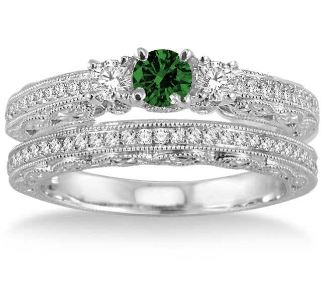 2 Carat Emerald Vintage Bridal Ring Set in 10k White Gold - Perfect for Engagement, Wedding & Anniversary Gifts