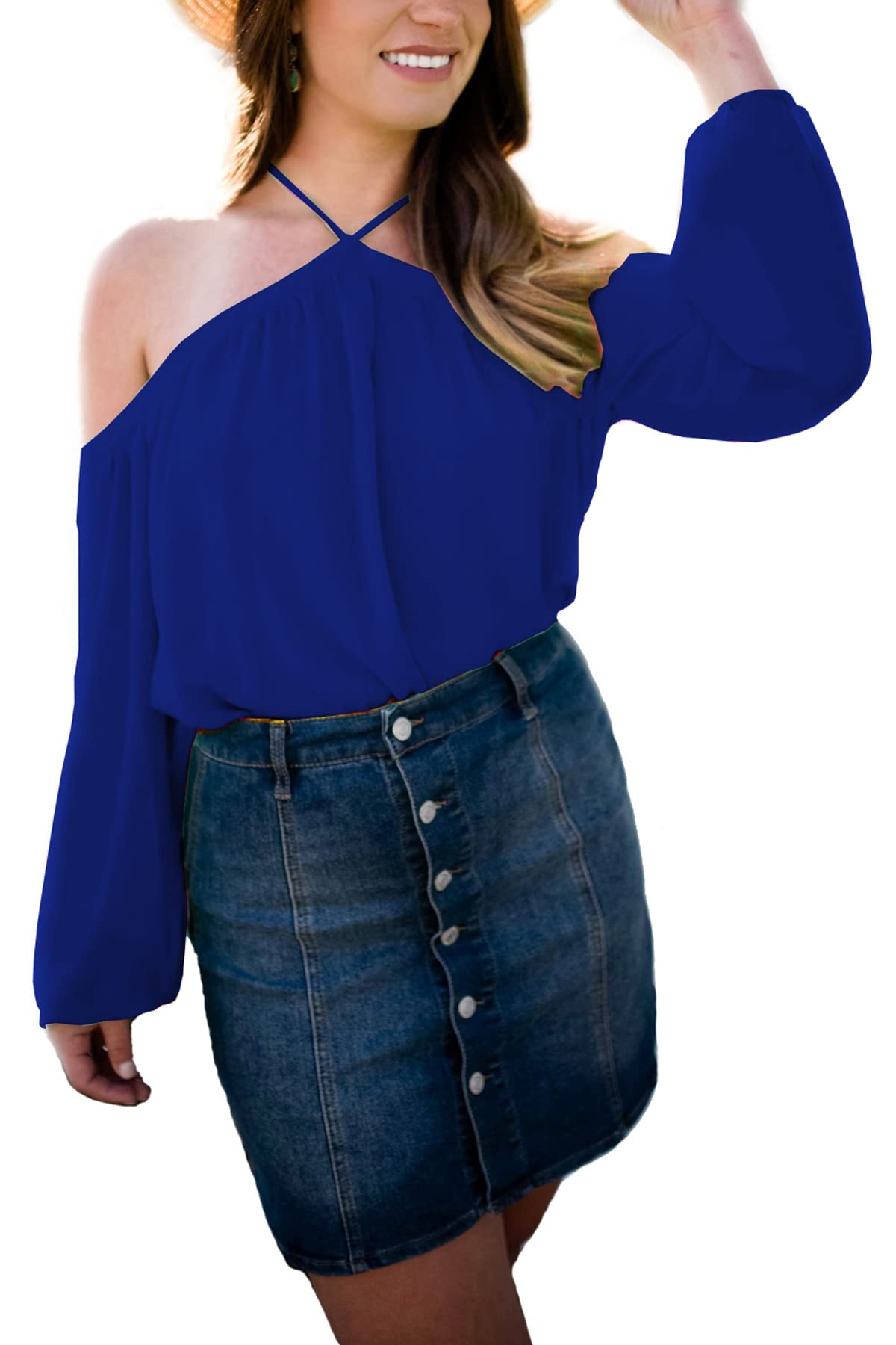 Women's Spaghetti Strap Halter Off Shoulder Blouse Long Sleeve Shirt Tops - Sexy Party Wear, Date Night Outfit, Casual Summer Fashion