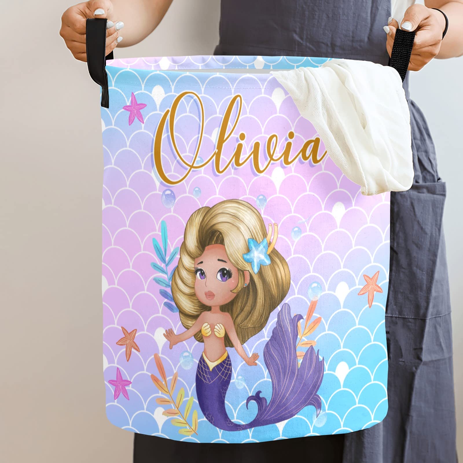 **Personalized Mermaid Laundry Basket for Girls - Custom Name Kids Laundry Hamper (Style 07) - Perfect for Nursery, Bedroom & Playroom Organization**