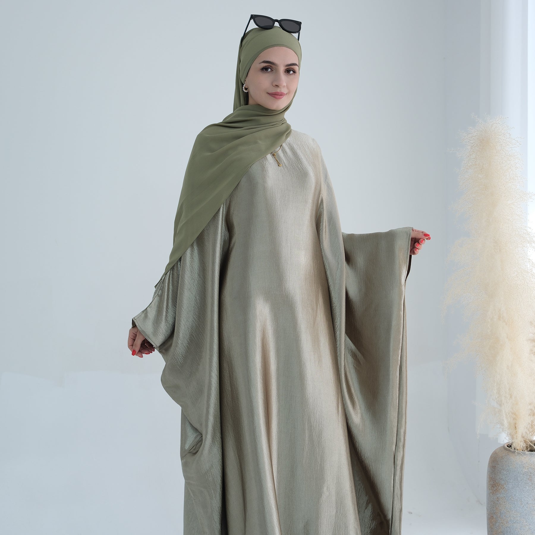 Elegant Alisha Butterfly Satin Abaya Dress - Sage Green Islamic Prayer Gown for Women | Perfect for Eid, Mosque & Special Occasions