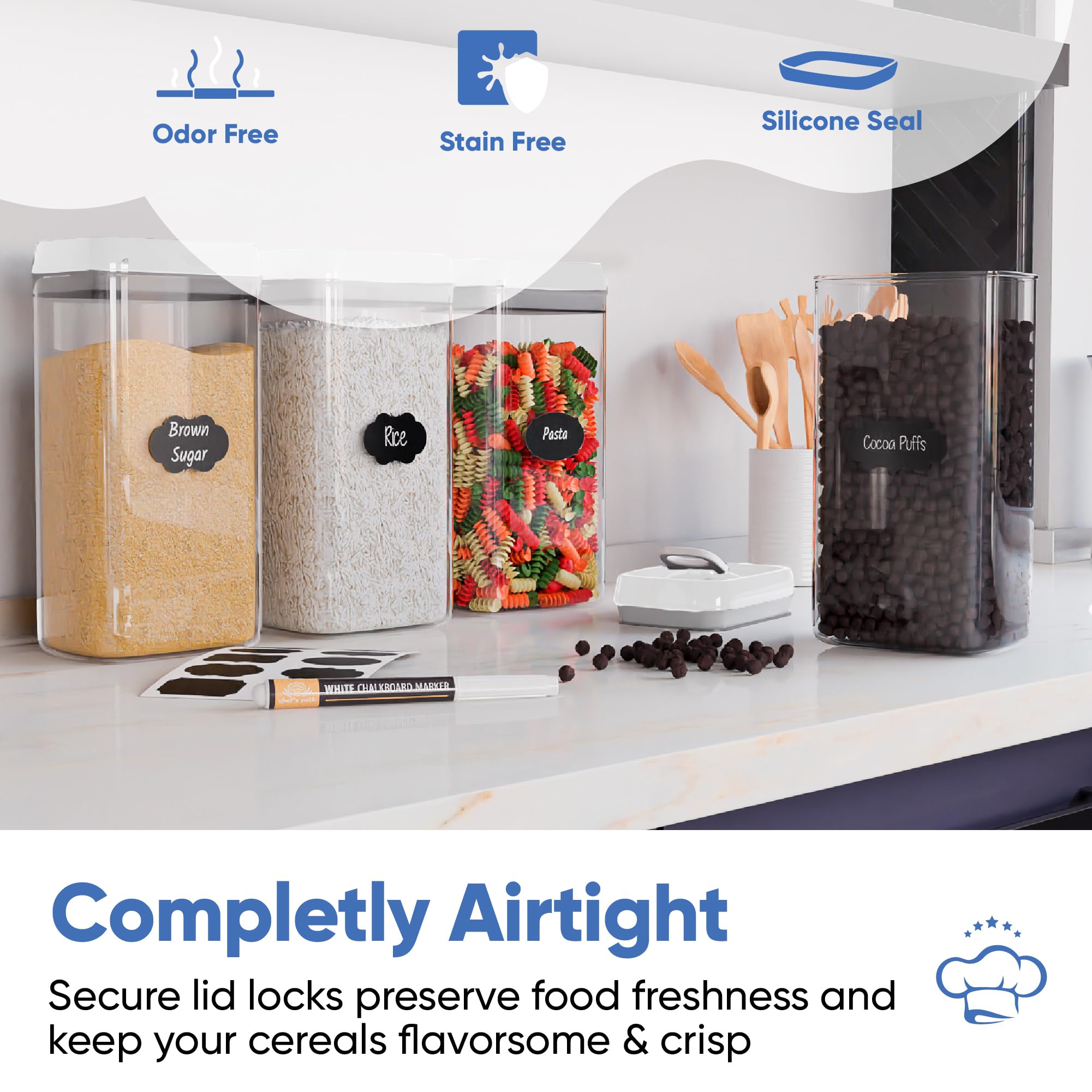 Chef's Path 4-Piece Large Airtight Food Storage Containers Set (3.2L/109Oz) with White Lids - Clear Kitchen & Pantry Canisters for Pasta, Cereal, Noodles, Flour | Perfect for Meal Prep, Bulk Food Storage & Organized Kitchen