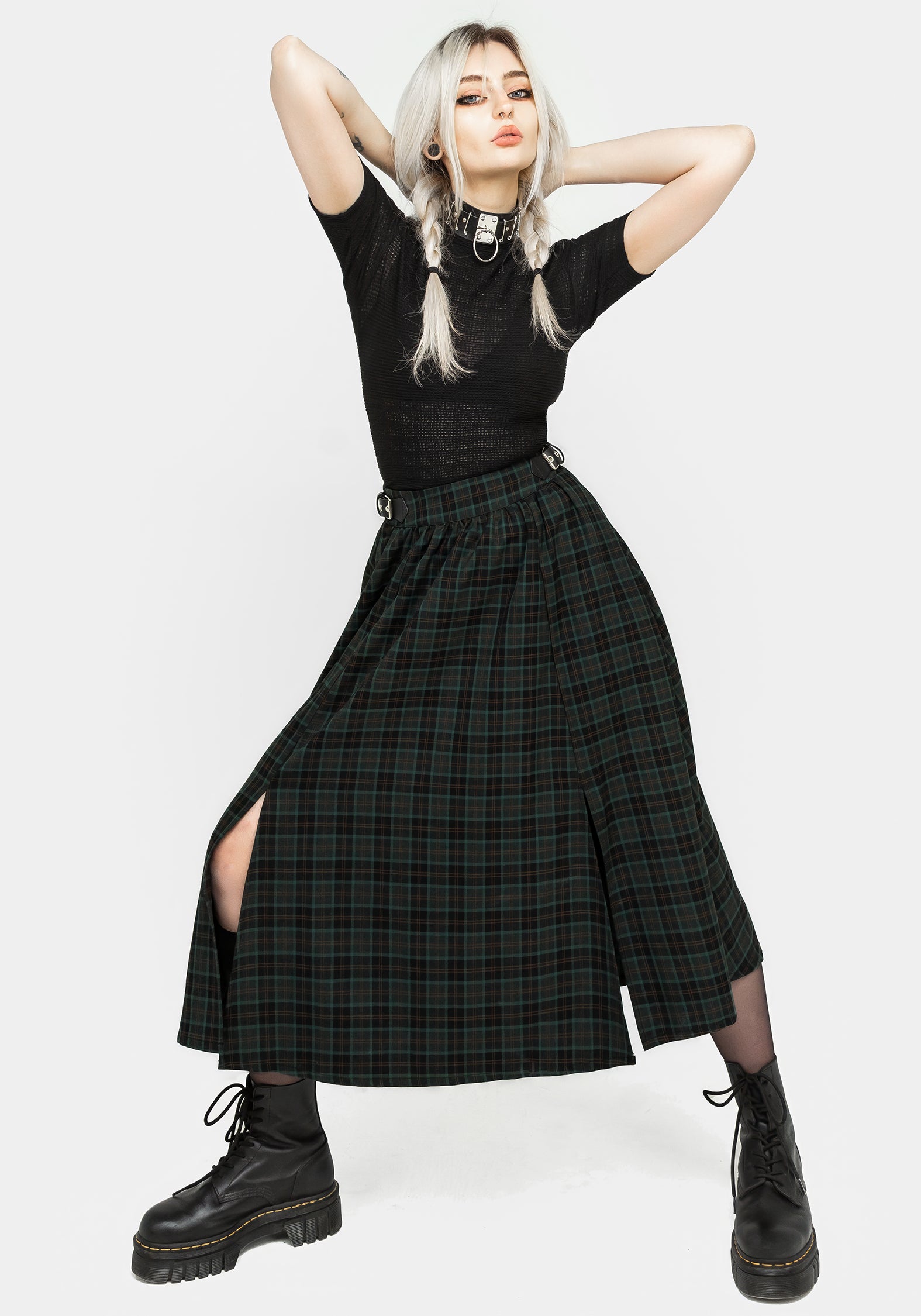 Elegant Nightingale Buckled Check Midi Skirt for Women - Vintage Plaid A-Line Skirt with Adjustable Belt - Perfect for Office, Date Night & Fall Fashion