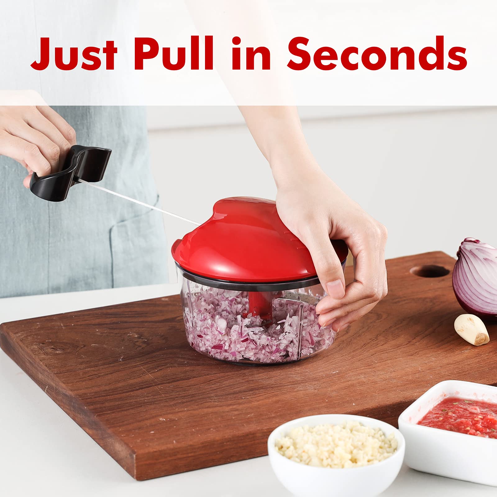 Manual Food Chopper for Onion Garlic Vegetable Fruit Salad - Easy to Clean 2.5 Cup Hand Nut Cutter (Red) - Perfect for Meal Prep, Cooking, and Kitchen Use