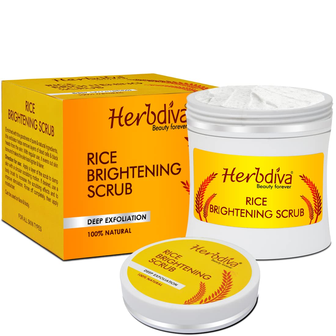 Herbdiva Rice Brightening Scrub 250ml - Enriched with Almond Oil & Shea Butter for Deep Exfoliation & Glowing Skin | Pure Natural Face Scrub for Dark Spots & Dullness | Perfect for Daily Skincare Routine & Spa Treatments