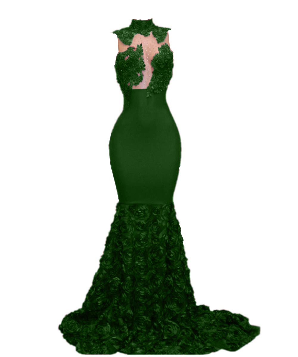 Elegant Women's Mermaid Evening Gown with Floral Applique & Beaded Details - High Neck See-Through Formal Dress for Prom, Wedding, and Special Occasions