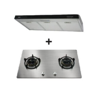 Ellane 60cm/90cm Slimline Range Hood with Black Panel EH 9280 & Ellane OS 802SV 86cm 2-Burner Gas Cooktop - Modern Kitchen Ventilation System for Home Cooking