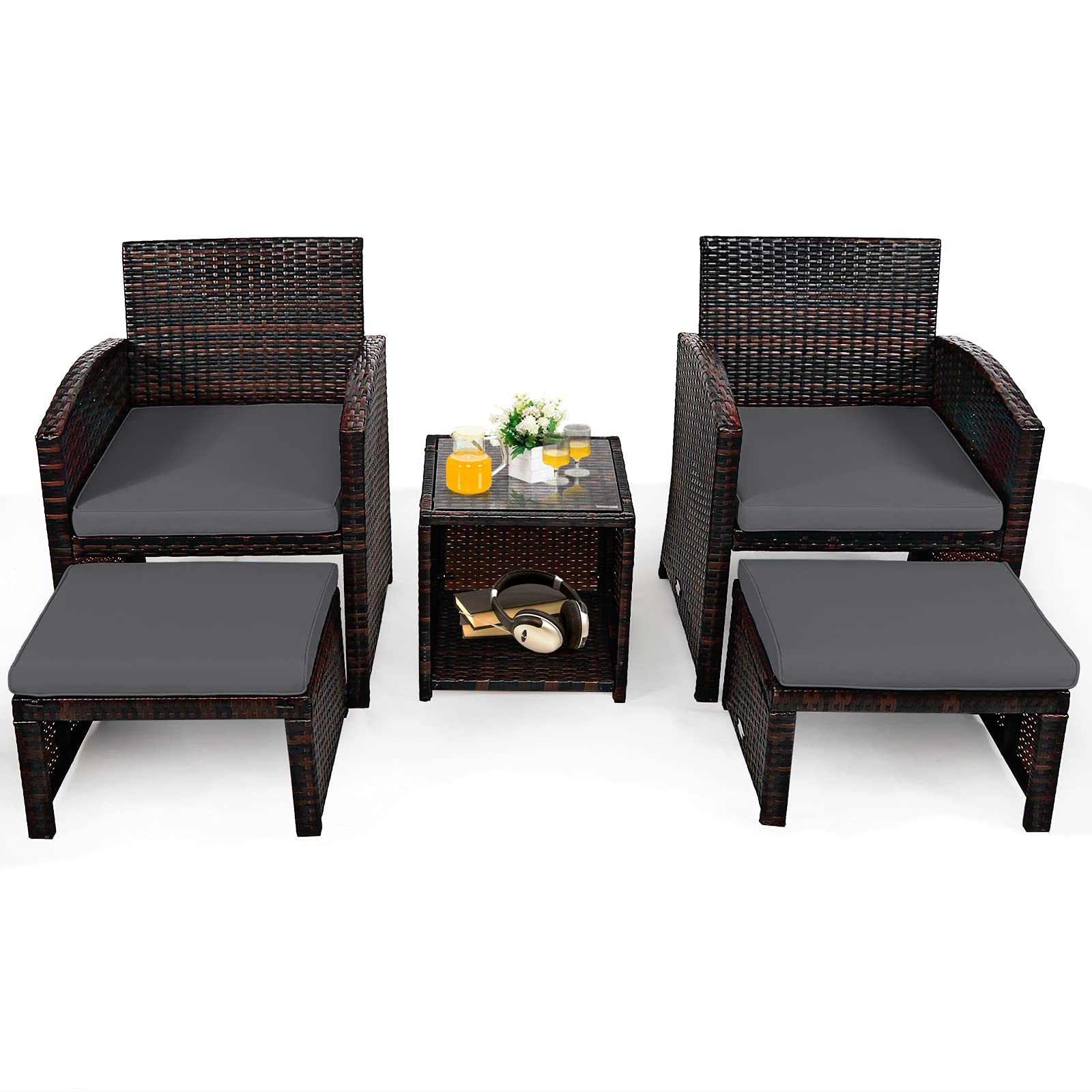 COSTWAY 5-Piece Patio Rattan Wicker Furniture Set with Cushioned Chairs, Ottoman & Side Table - Grey Outdoor Conversation Set for Backyard, Deck, Garden or Poolside Relaxation