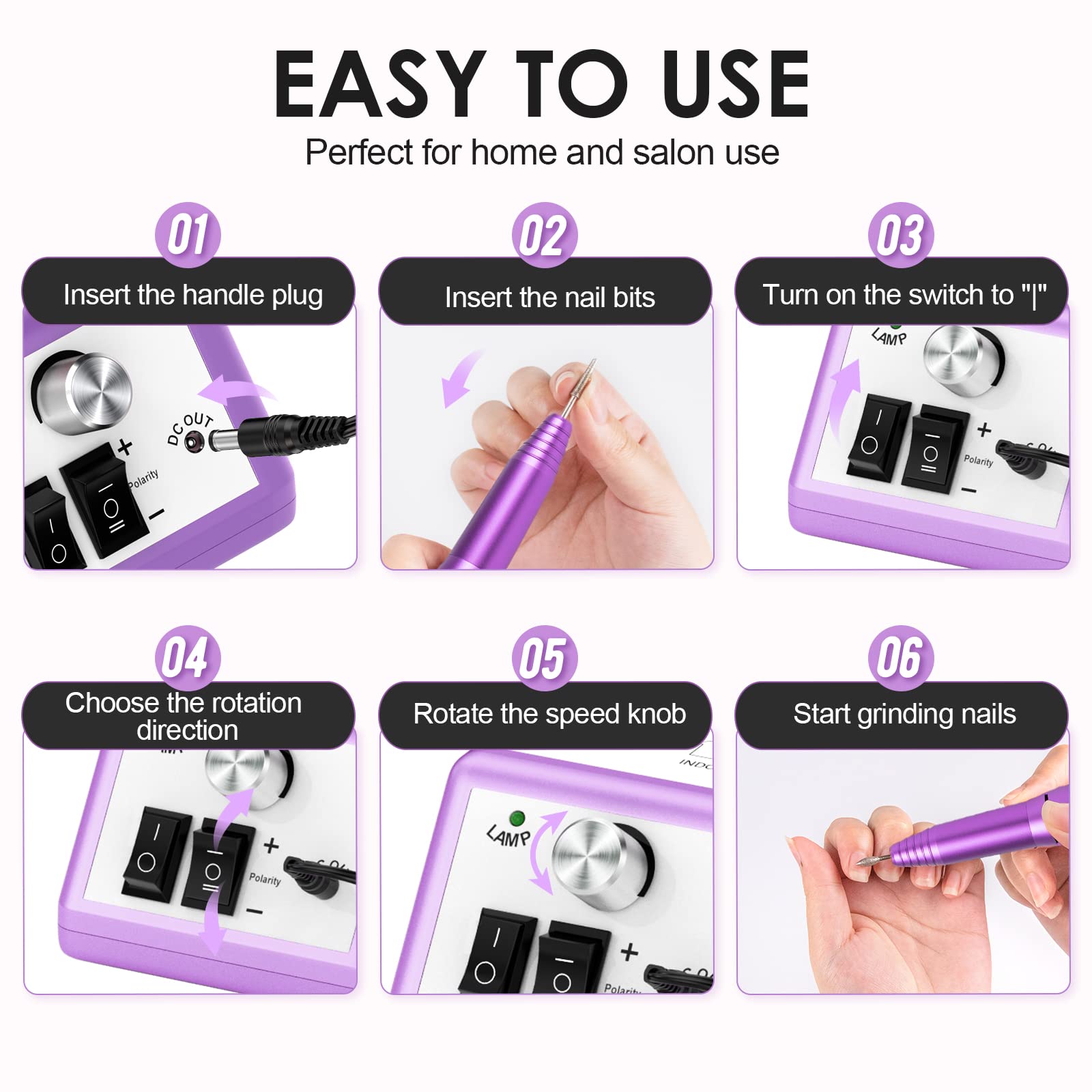 Professional Electric Nail Drill Machine Kit - Manicure Pedicure Tool with Sanding Bands for Toe & Finger Nail Care, Nail Art Filing & Shaping (Purple) - Perfect for Home Salon, Nail Technicians & DIY Beauty Enthusiasts