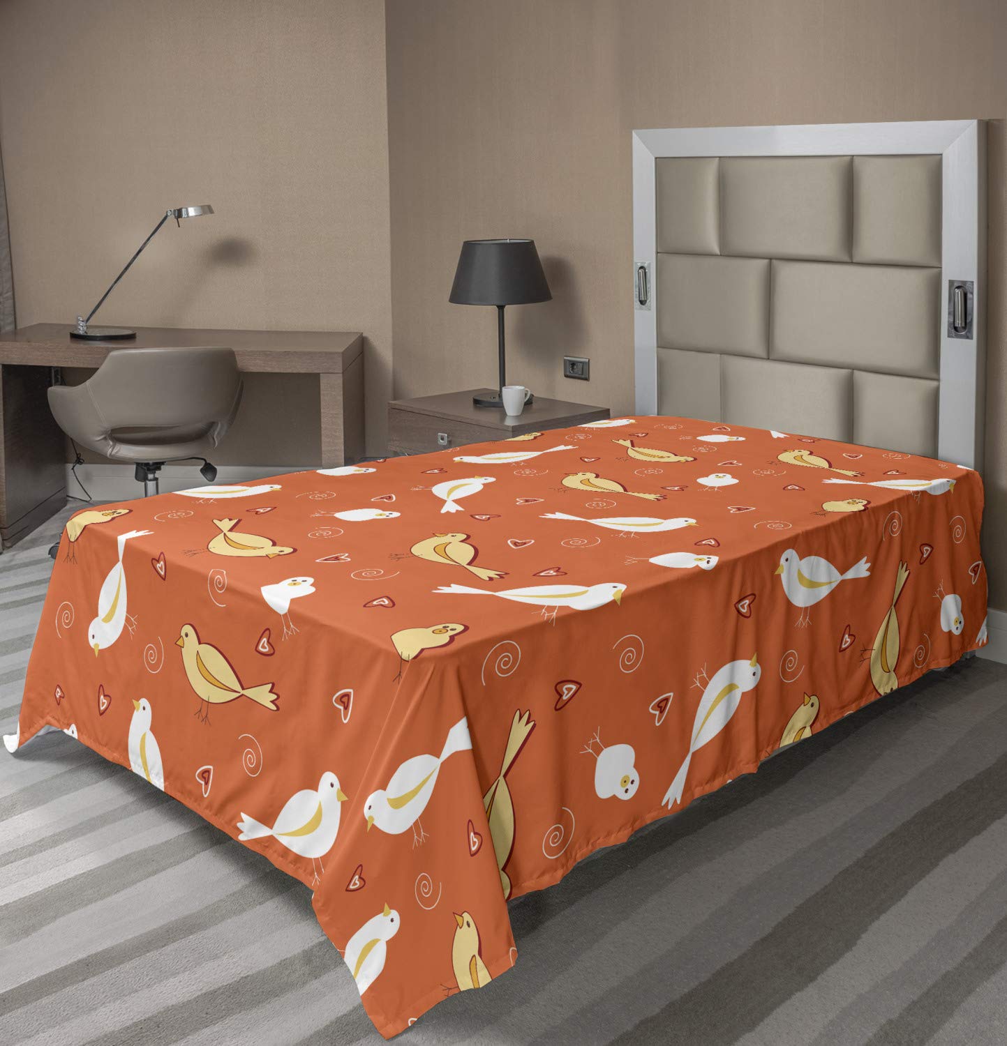 Ambesonne Orange Twin Flat Sheet - Vintage Burnt Orange with Heart-Shaped Birds Swirling Pattern, Soft & Comfortable Decorative Top Bedding - Perfect for Guest Rooms, Kids' Bedrooms & Boho Chic Decor