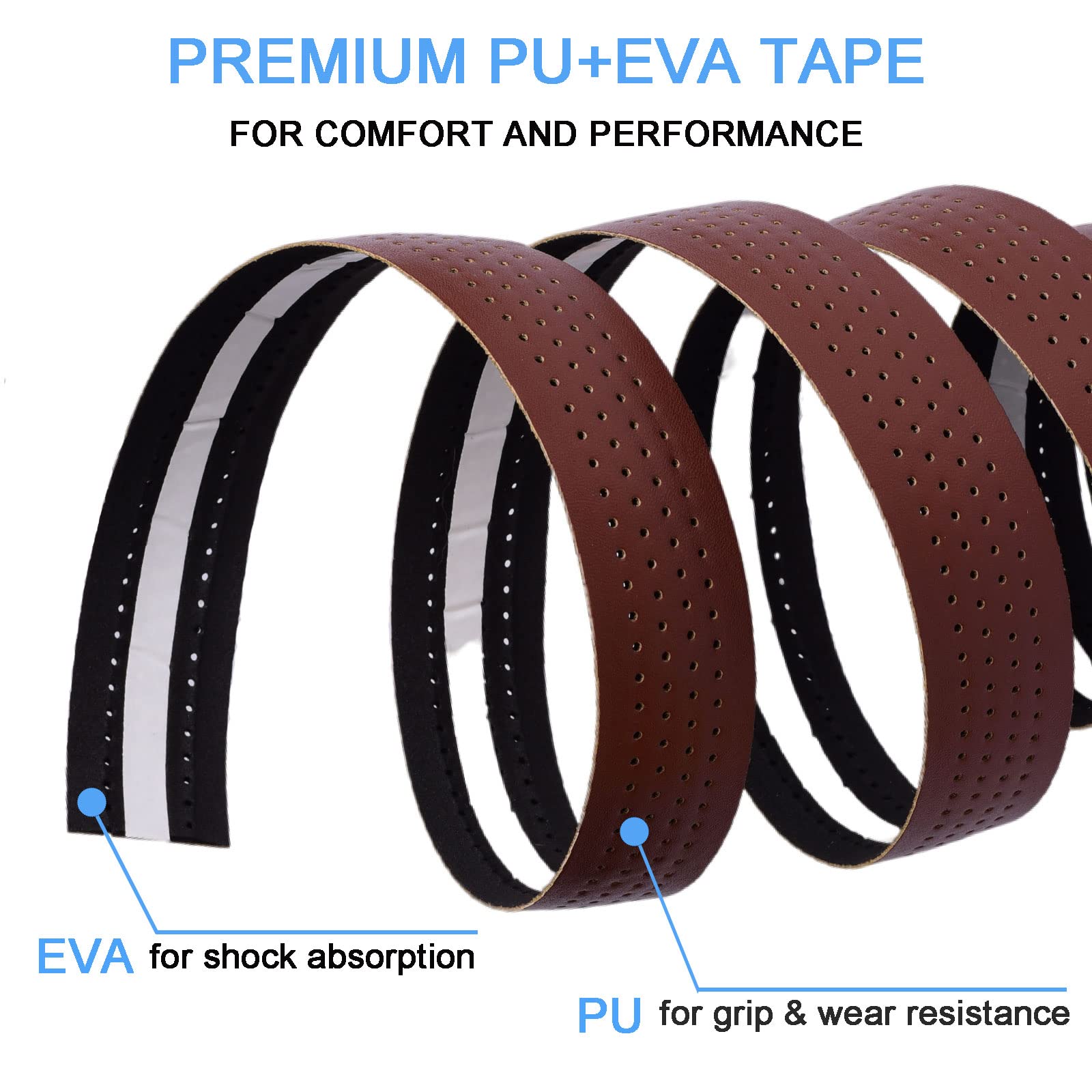 Premium PU Leather Bike Handlebar Tape - Non-Slip Road Bicycle Bar Wraps with End Plugs (Brown, 2 Rolls) | Comfortable Grip for Long Distance Cycling & Commuting